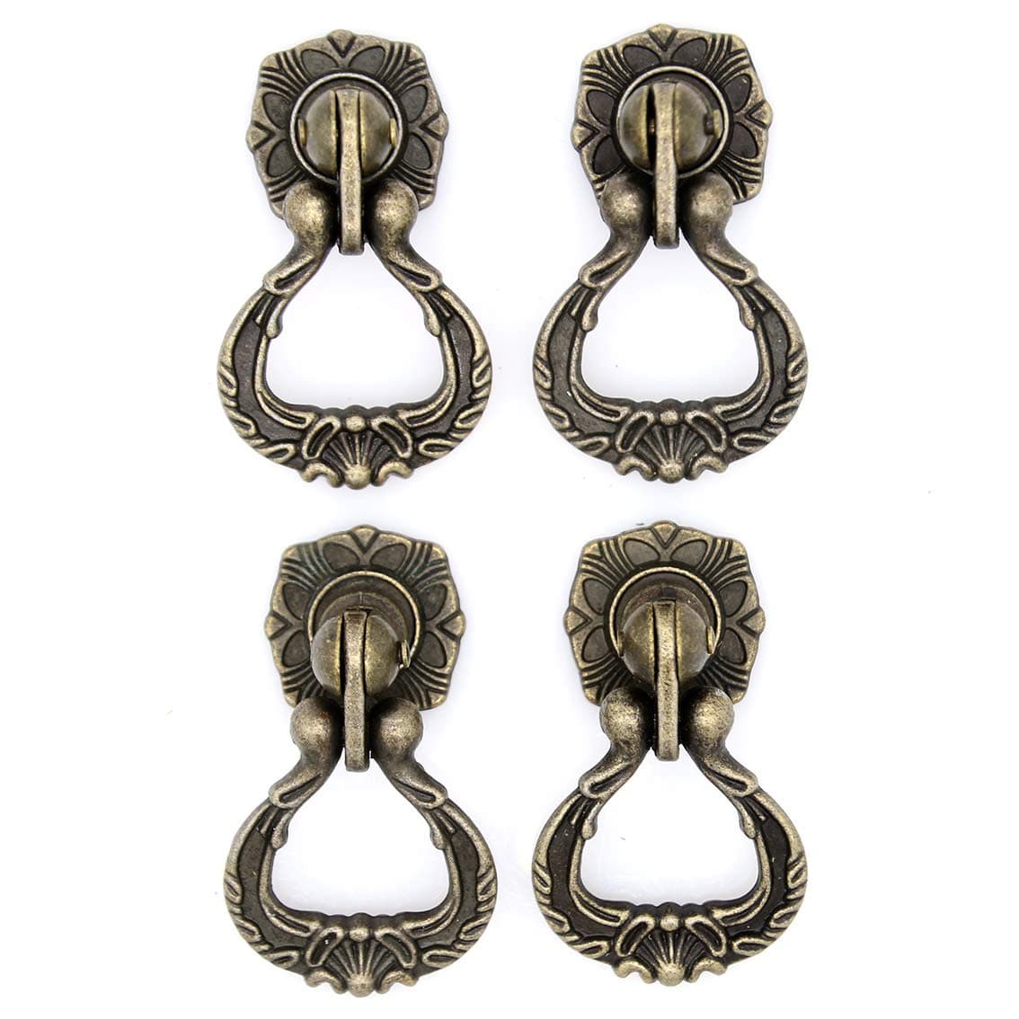 LXZ 4 PCs Vintage Antique Brass Pendant Ring Pulls Drop Handles Knobs with Single Mounting Hole for Drawer Cabinet Dresser Wardrobe Cupboard (Height 2-11/64-in, Width 1-29/64-in)
