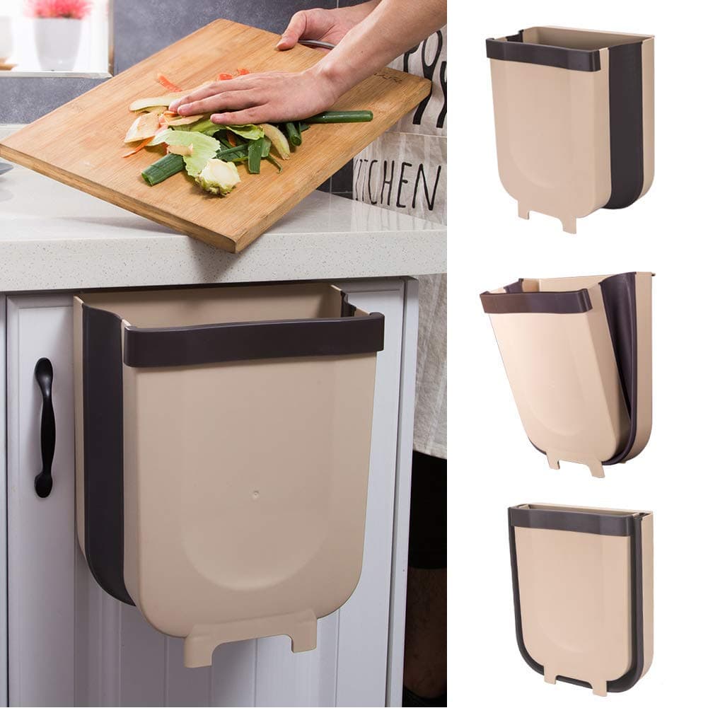 Hanging Trash Can for Kitchen Cabinet Door, Collapsible Trash Bin, 8L Capacity, Brown