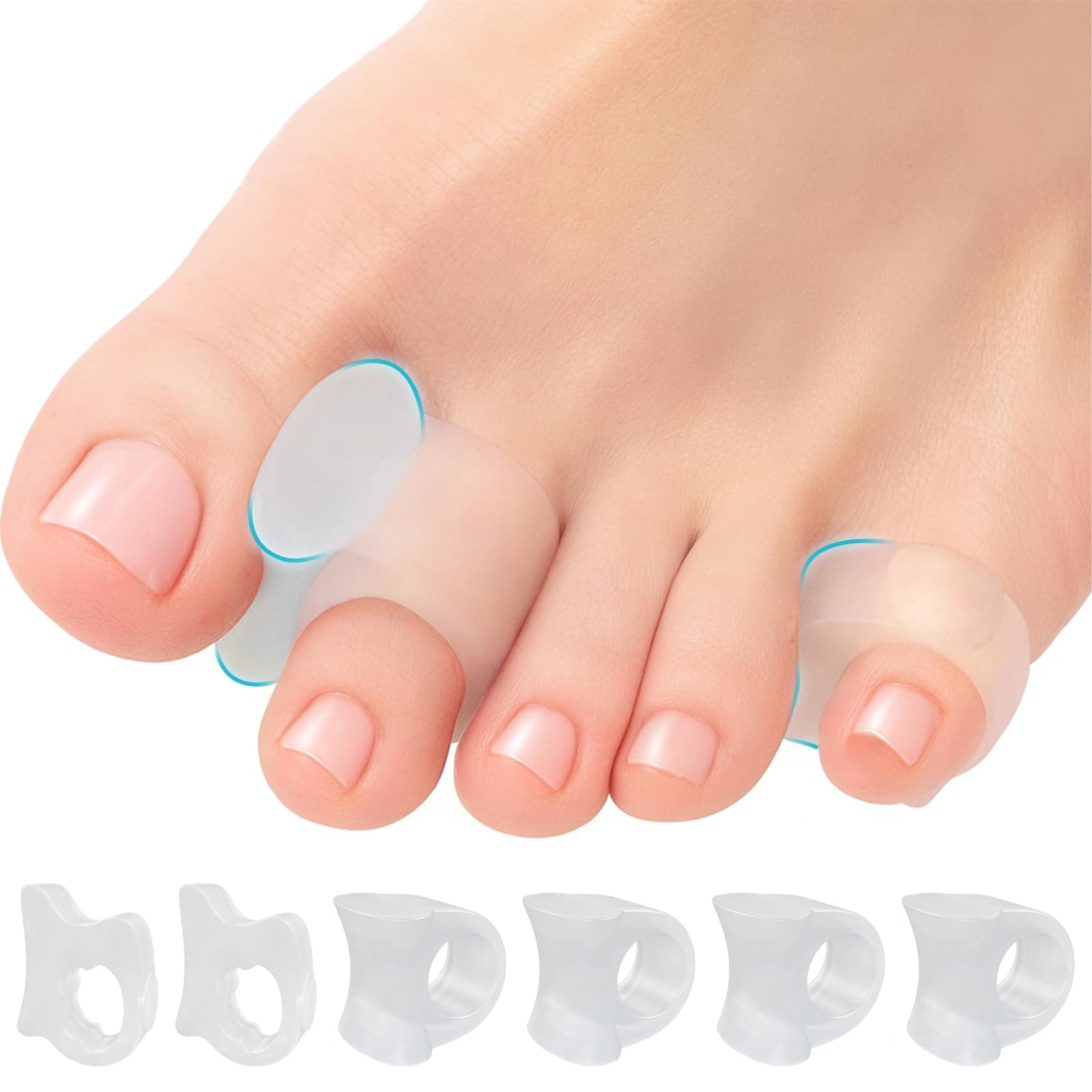 Toe Spacers for Men & Women – 4 Big and 2 Pinky Gel Separators for Overlapping & Curled Toes, Bunions, Alignment - Diabetic Foot Care, Silicone Spreader, Corrector & Straightener, Clear