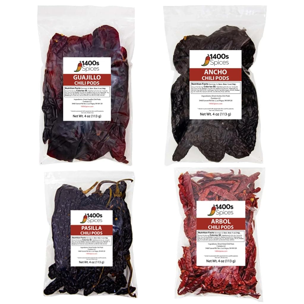 1400S SPICES Dried Chiles Peppers 4 Pack Bundle - Chile Guajillo Stemless, Ancho, Pasilla and Arbol