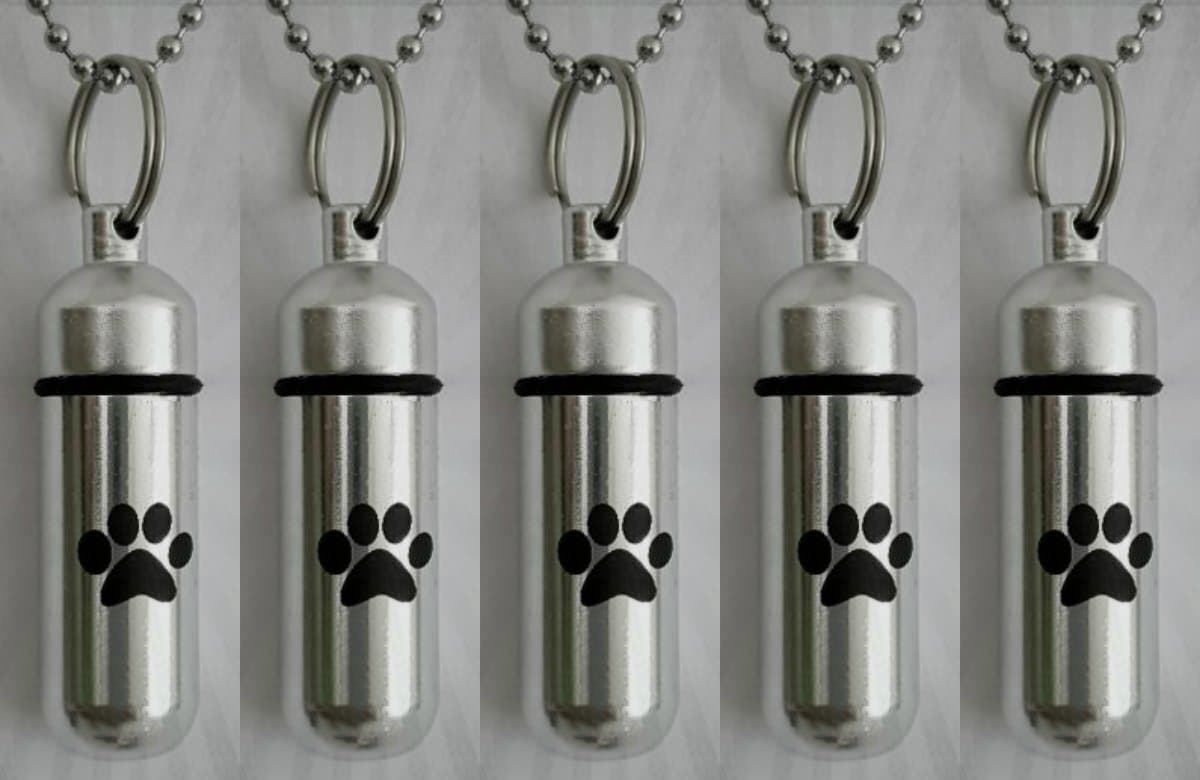 Five Pet/Dog/Cat - Personal Cremation URN Keepsakes with Large Laser Engraved Paws - Includes Velvet Pouches, Ball-Chains & Fill Kit