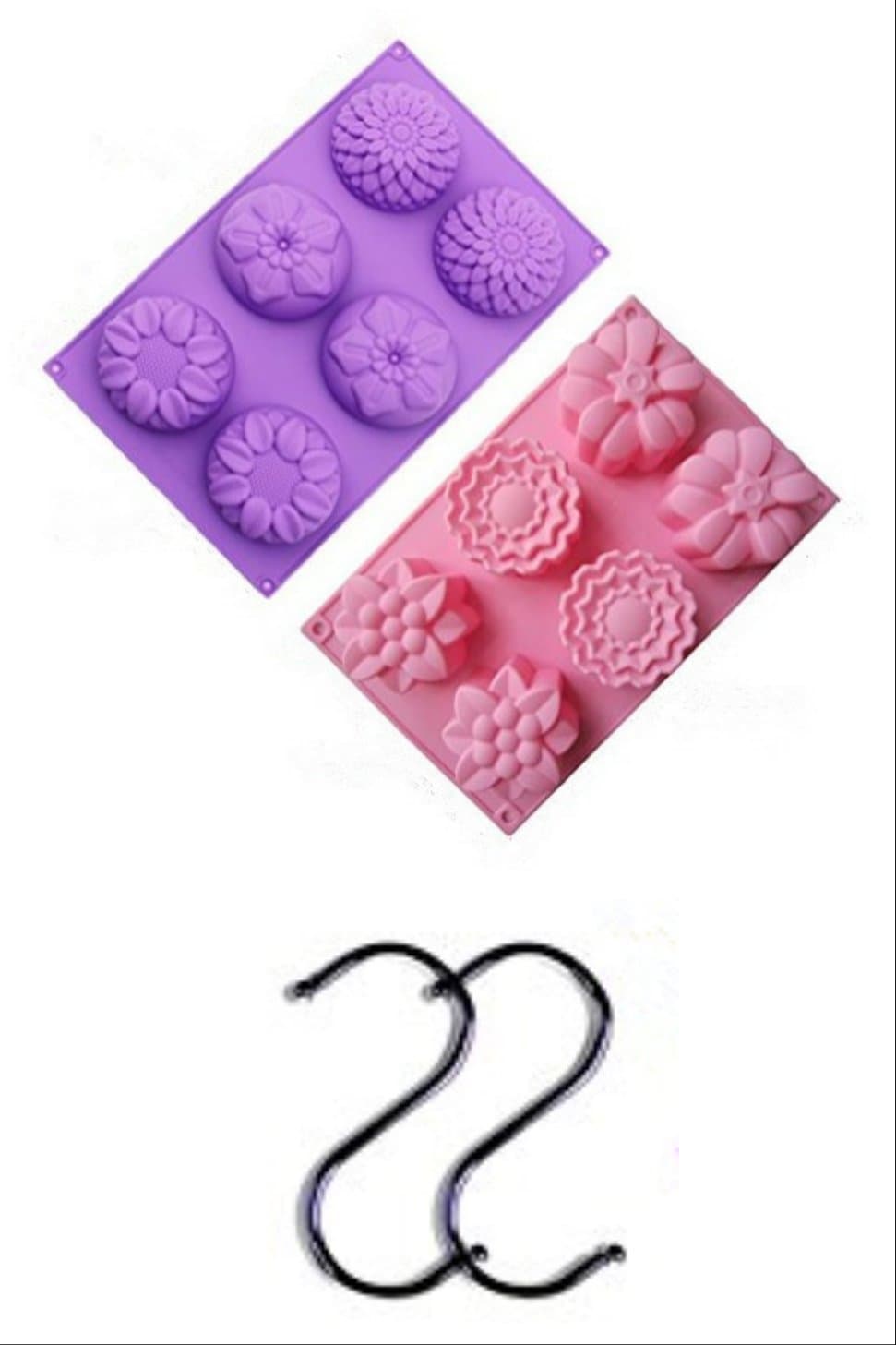 ANSTER 2 PCS 6 Cavity Assorted Silicone Flower Soap Mold DIY Soap Mold Handmade Chocolate Biscuit Cake Muffine Silicone Mold, with 2 S Hooks as Gift(Random color)