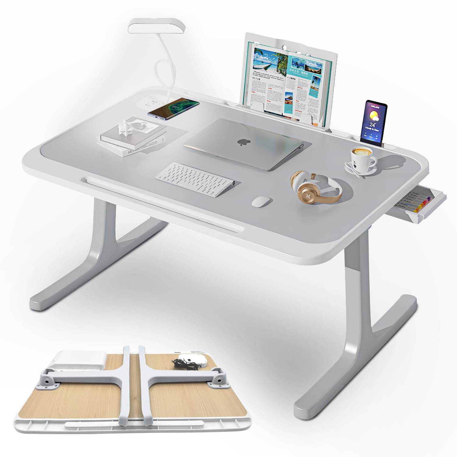 – Laptop Bed Desk with LED Light, Foldable Laptop Table Non-slip Computer Tray for Bed with Book Stand, USB Port & Wireless Charging, Portable Dormitory Study Desk Side Drawer for Work Reading