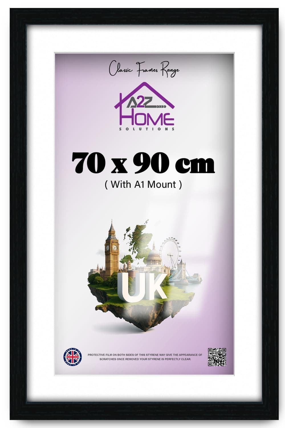 A2Z Home Solutions® Wall Photo Frame Black 70x90 cm Frame With 80x60 cm Mount Picture Poster Print With Clear HD Perspex 30x15 MM Moulding Mounting Hooks MDF Backboard