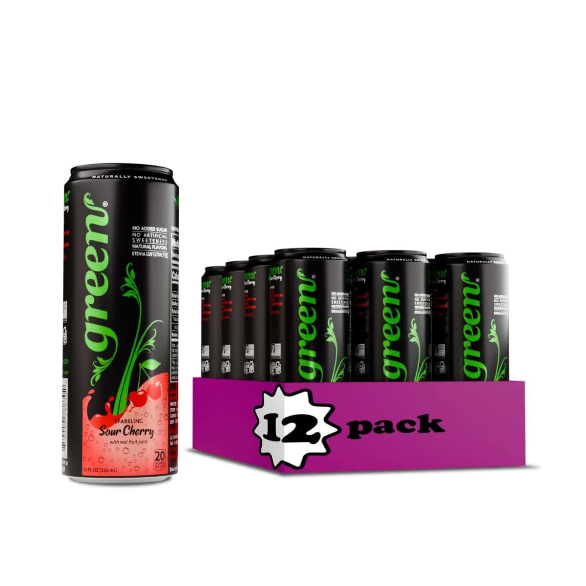 Green Sour Cherry- No added Sugar, 10% Real Sour Cherry Juice, 20 Calories per can, Naturally Sweetened with 100% Stevia Leaf Extract, Carbonated Soda, 12 Fl Oz each can - Pack of 12