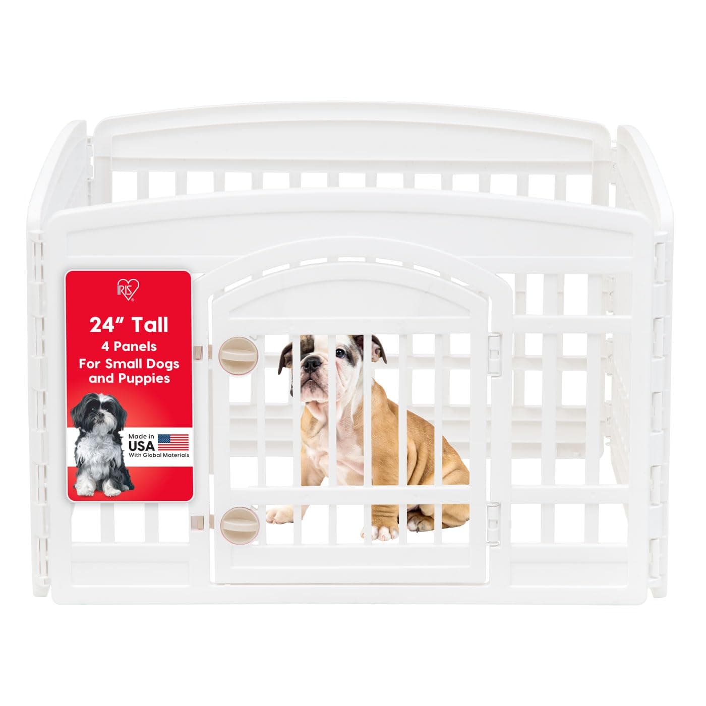 IRIS USA Dog Playpen with Door, 24” 4 Panel Pet Exercise Pen – Indoor Outdoor Puppy Play Pen, Portable Plastic Pet Fence for Small Medium Dogs, Foldable 35” x 35” x 24”, White
