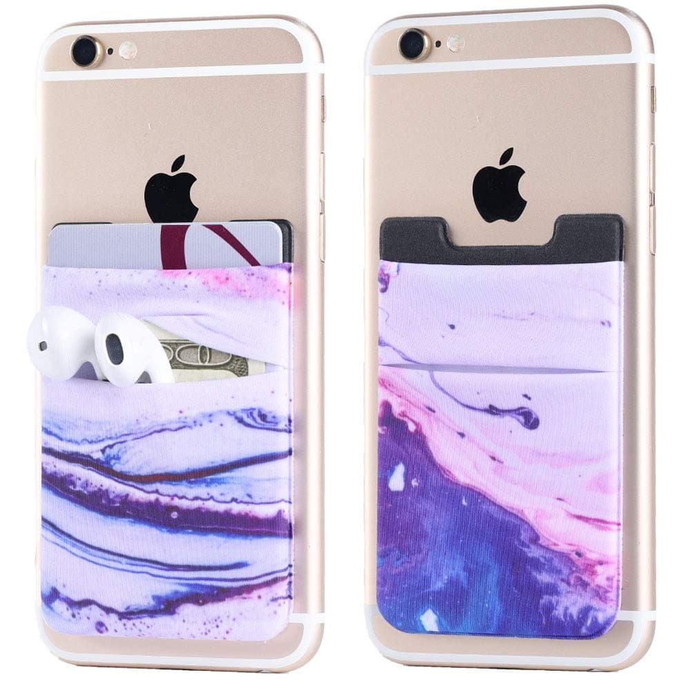2Pack Phone Card Holder Stretchy Lycra Stick on Wallet Double Pocket Credit Card ID Case Pouch Sleeve Self Adhesive Sticker for Back of iPhone Android Smartphone (Sand Marble Purple Double Pocket)
