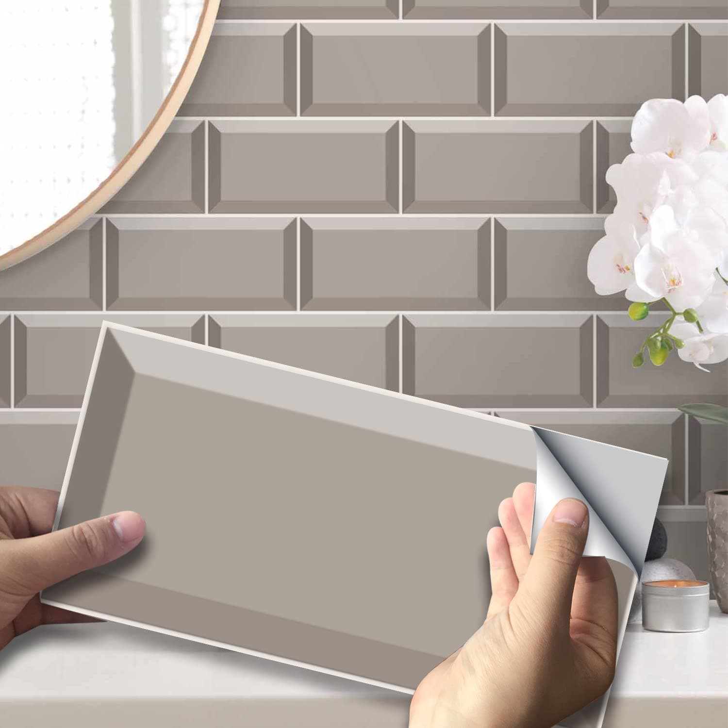 54Pcs Alwayspon Wall Tile Transfers Sticker for Home Decor, Peel and Stick Self-Adhesive Splashback, Stick on Tile Decals for Living Room Kitchen Bathroom Decor, Gray