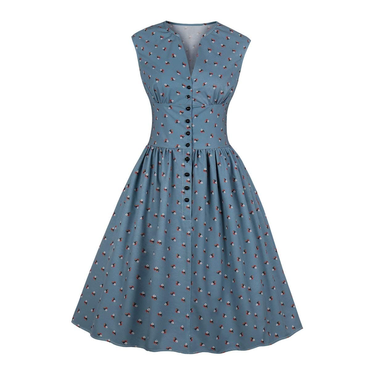 Women's Split Neck Floral Button 1940s Day 1950s Vintage Tea Dress