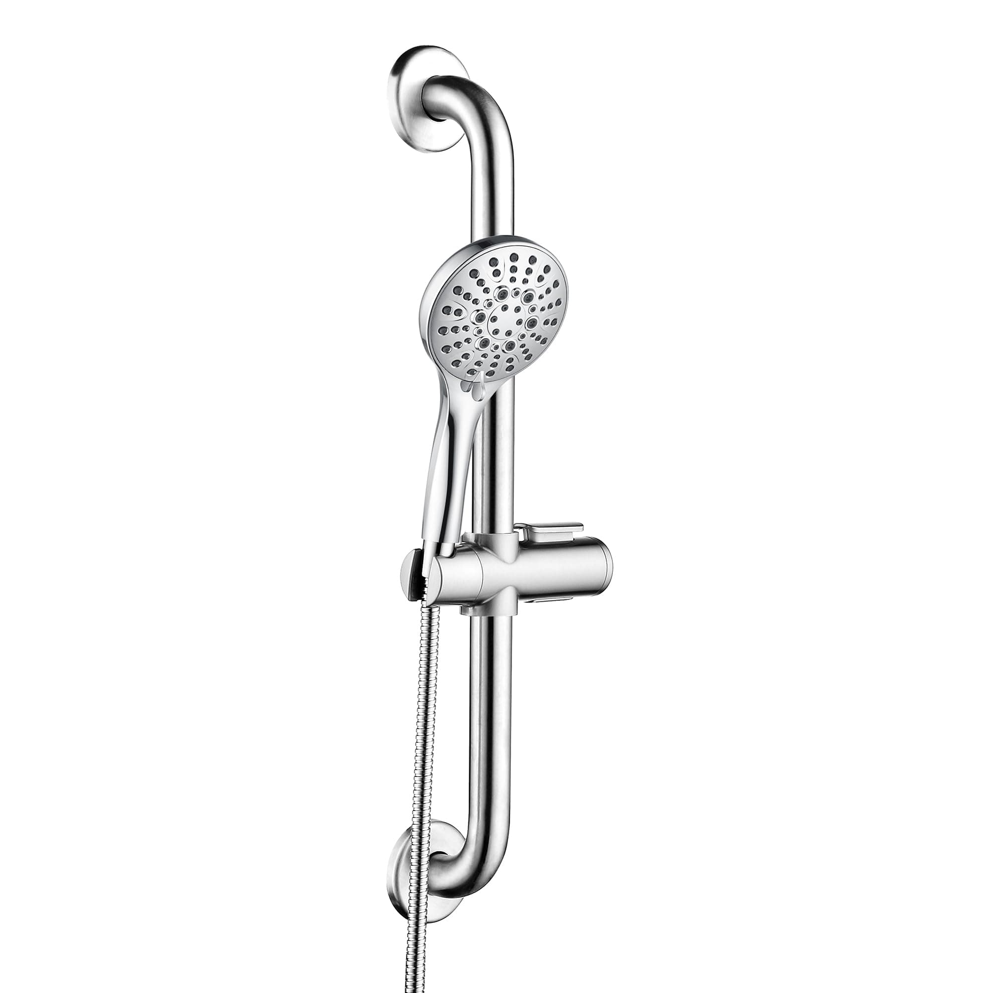 BRIGHT SHOWERS Stainless Steel Grab Bar Set – Includes Handheld Shower Head with Extra Long Hose, Shower Head and Hose Chrome Plated