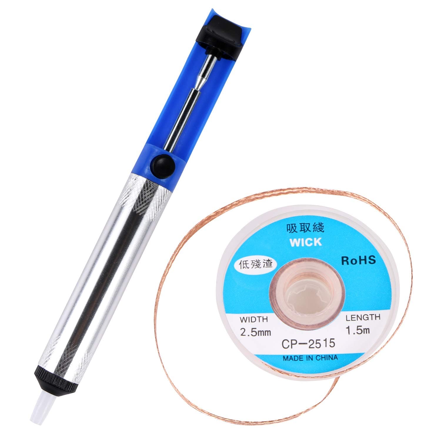 EVERMARKET(TM) Desoldering Wick, solder braid with 2.5mm Width, 1.5m Length and Solder Sucker Desoldering Vacuum Pump Solder Removal Tool - Blue