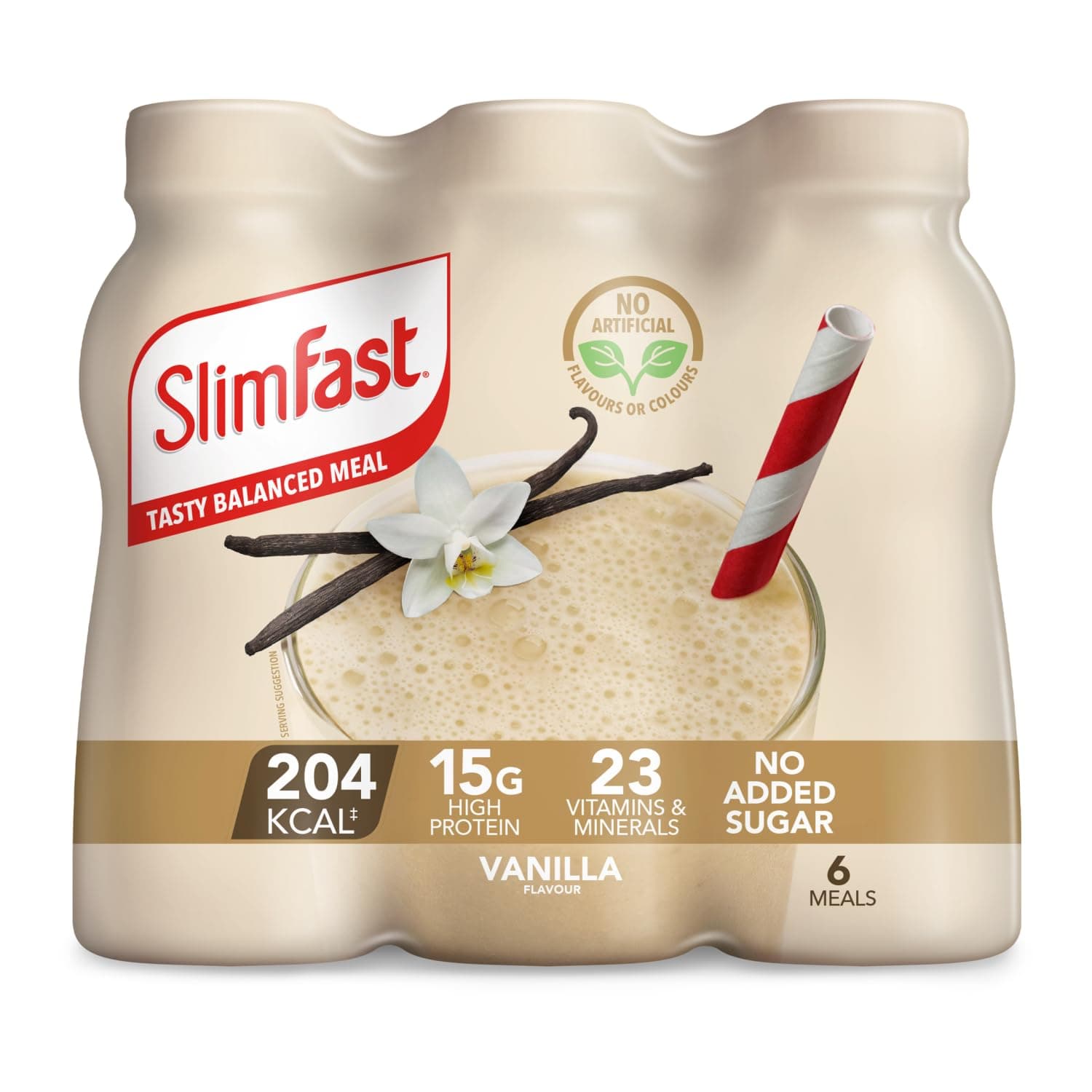 SlimFast Ready To Drink Shake, Meal Replacement Shakes for Weight Loss and Balanced Diet, High Protein, Vitamins and Minerals, No Added Sugar, Vanilla Flavour, 6 x 325 ml, Packaging May Vary