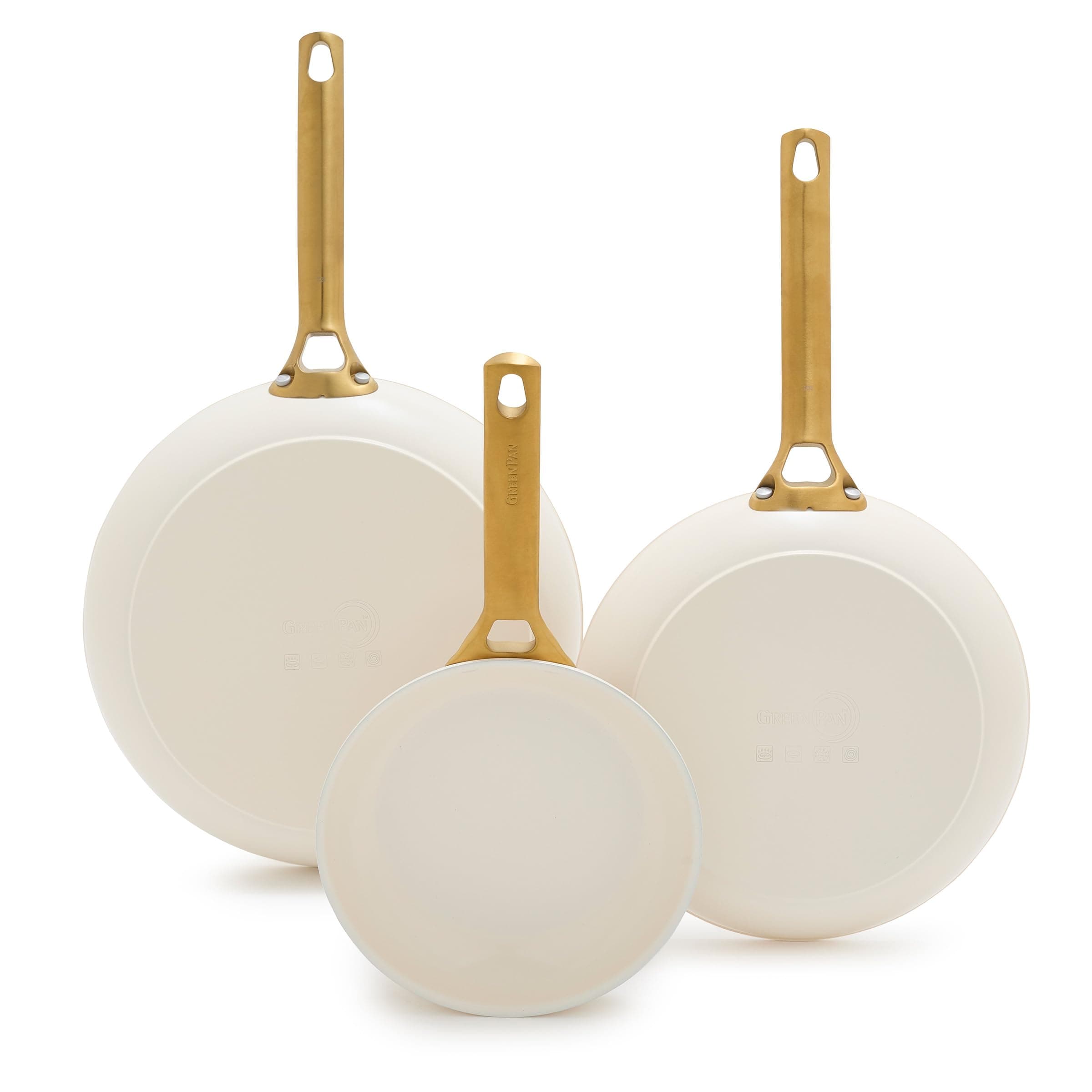 Hard Anodized Healthy Ceramic Nonstick 8" 10" & 12" 3 Piece Frying Pan Skillet Set, Gold Handle, PFAS-Free, Dishwasher Safe, Oven Safe, Cream White