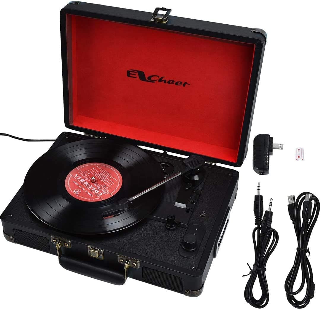 Nostalgic Wooden 10-in-1 Bluethooth 3-Speed Vinyl Record Player, Turntable, FM/AM Radio, CD/Cassette Player, USB /SD&MMC Card Play,Aux in, RCA Output, Headphone Jack Black