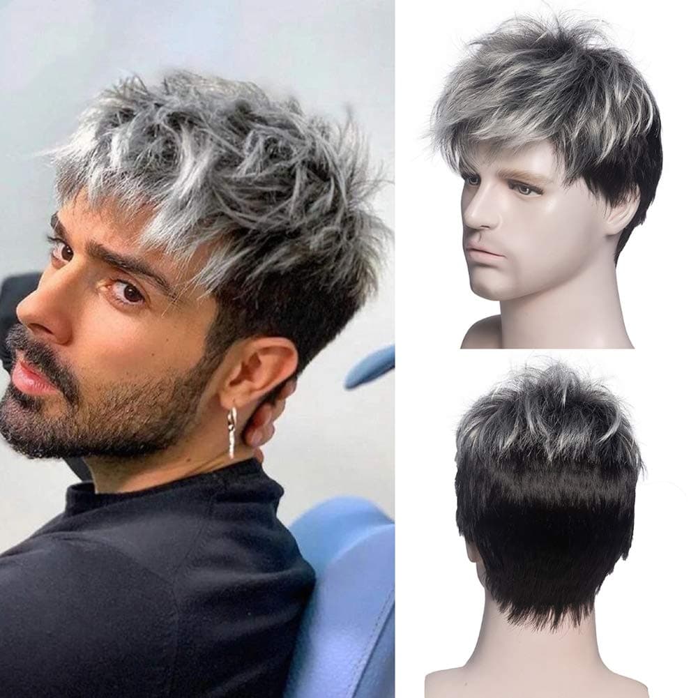 Men Short Curly Silver Grey Root Black Cosplay Wig Halloween Costume Male Wig