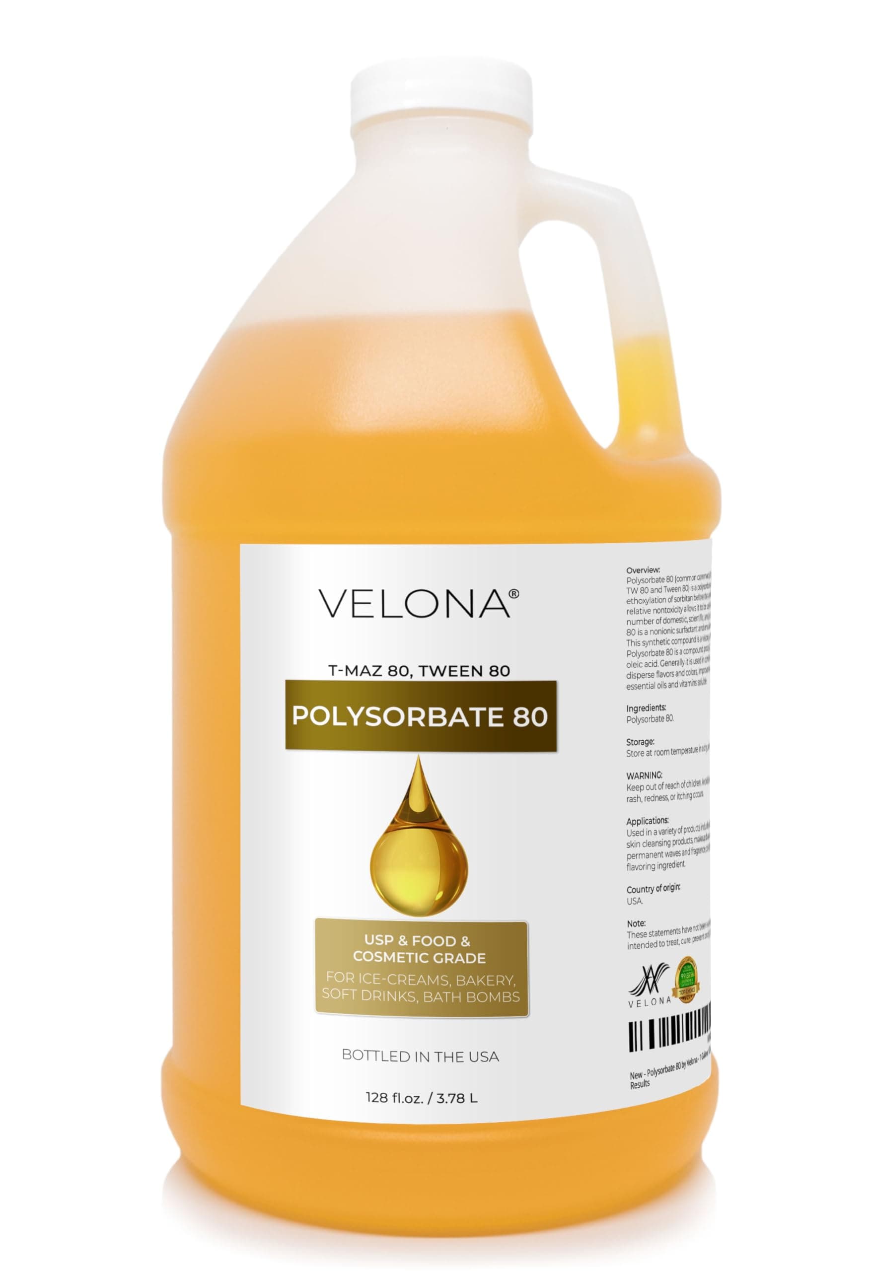 Polysorbate 80 by Velona - 1 Gallon / 128 Fl Oz | Solubilizer, Food & Cosmetic Grade | All Natural for Cooking, Skin Care and Bath Bombs, Sprays, Foam Maker | Use Today - Enjoy Results