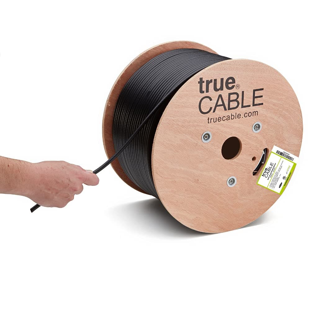trueCABLE RG6 Quad Shield Coax, 1000ft, Black, Riser Rated (CMR/CATVR/CL2), Bare Copper Conductor Coaxial Cable, 3GHz Sweep Tested