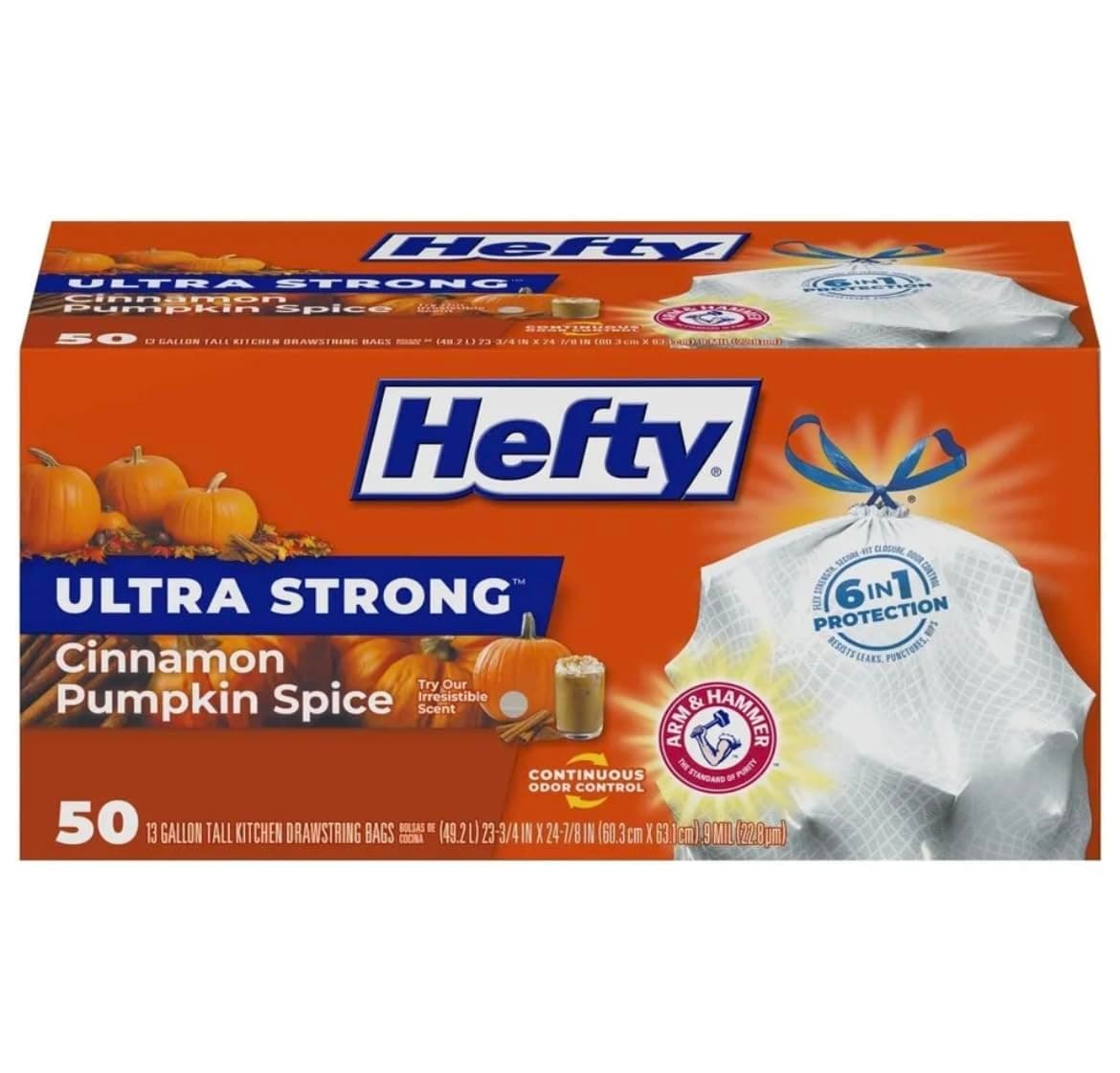 Hefty Ultra Strong Cinnamon Pumpkin Spice Tall Kitchen Trash Bags 13 Gallon x 50