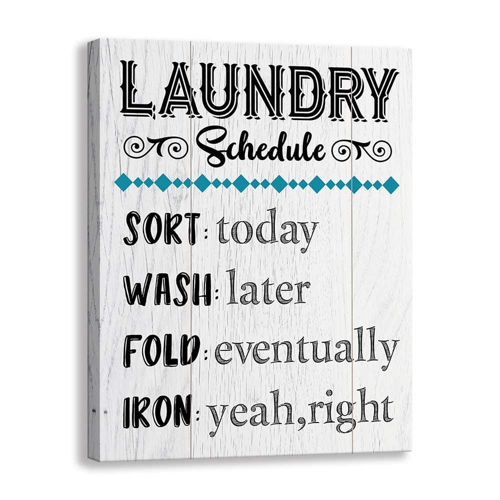 Kas Home Vintage Laundry Room Canvas Wall Art | Laundry Schedule Funny Rules Prints Signs Framed | Bathroom Laundry Room Decor (15 X 12 inch, Launday)