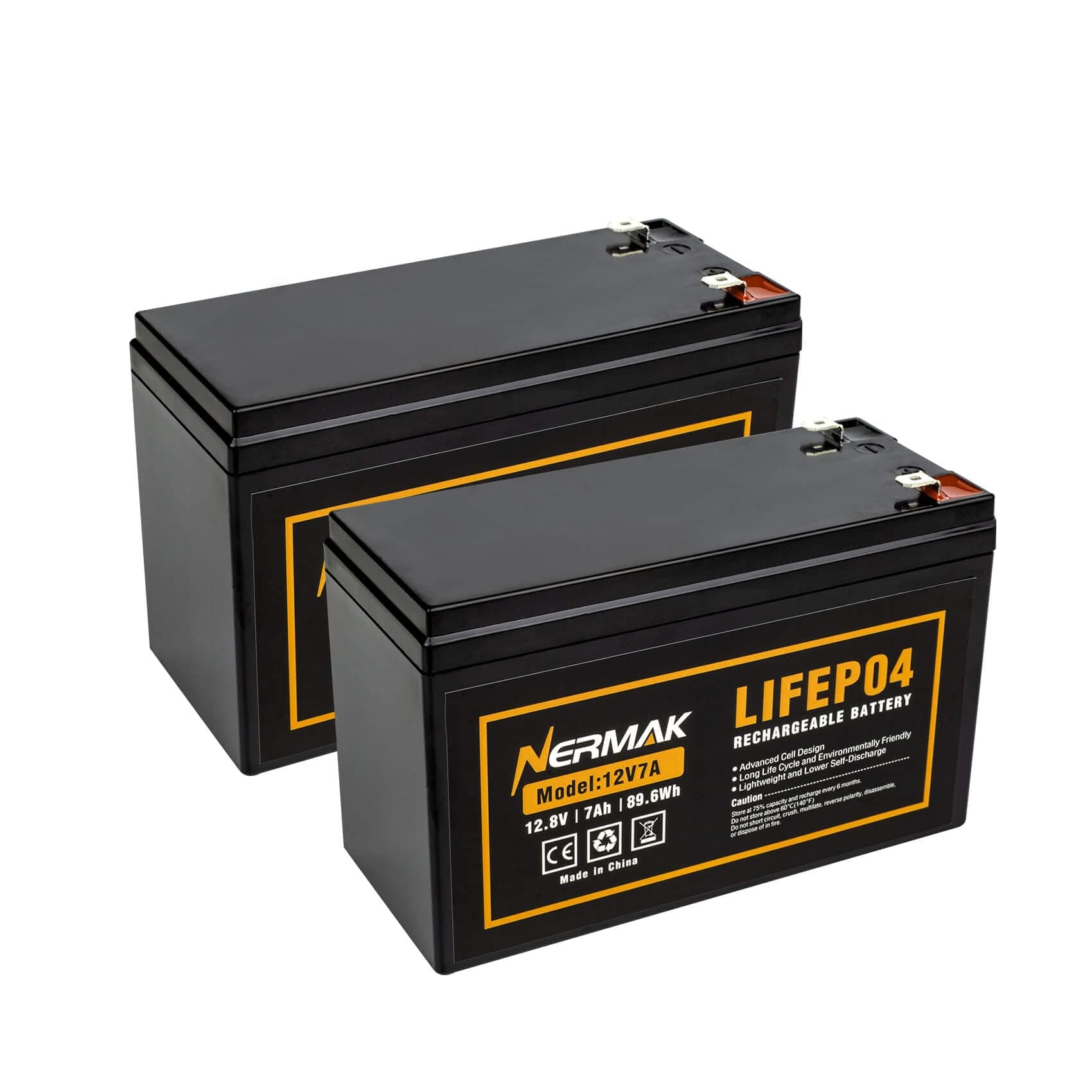 NERMAK 12V 7Ah (7.2Ah) Lithium LiFePO4 Battery 2 Pack, 2000+ Cycles Lithium Iron Phosphate Rechargeable Battery for Small Solar, Camping, Lighting, Ride on Toys, Fish Finder and More, Built-in 8A BMS