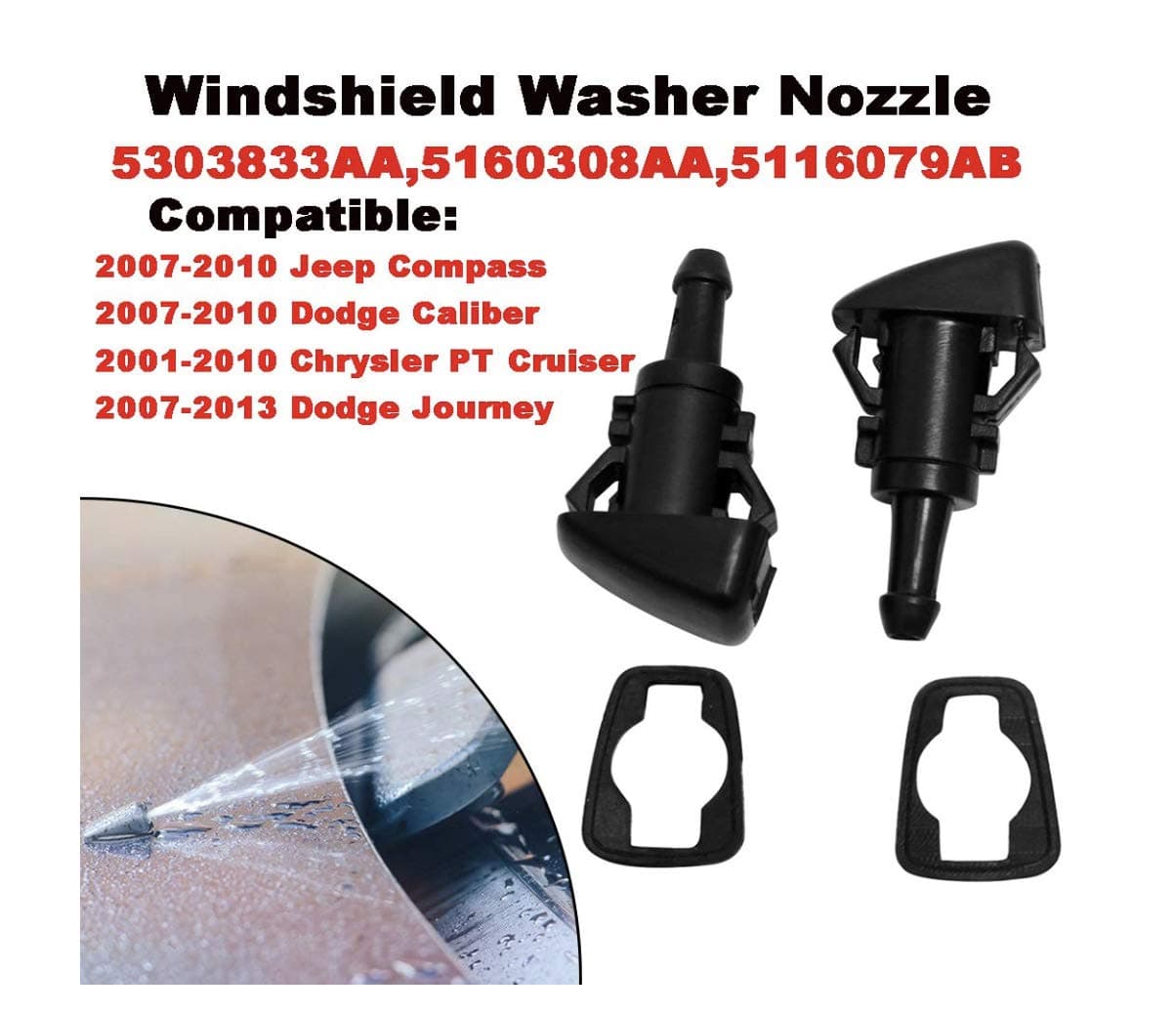 CAREMO Windshield Washer Nozzle Wiper Kit Double Hole for Chrysler Dodge Avenger Journey PT Cruiser for Jeep Grand Cherokee OEM 5116079AA, Replace for Dorman 47186, Pack of 2