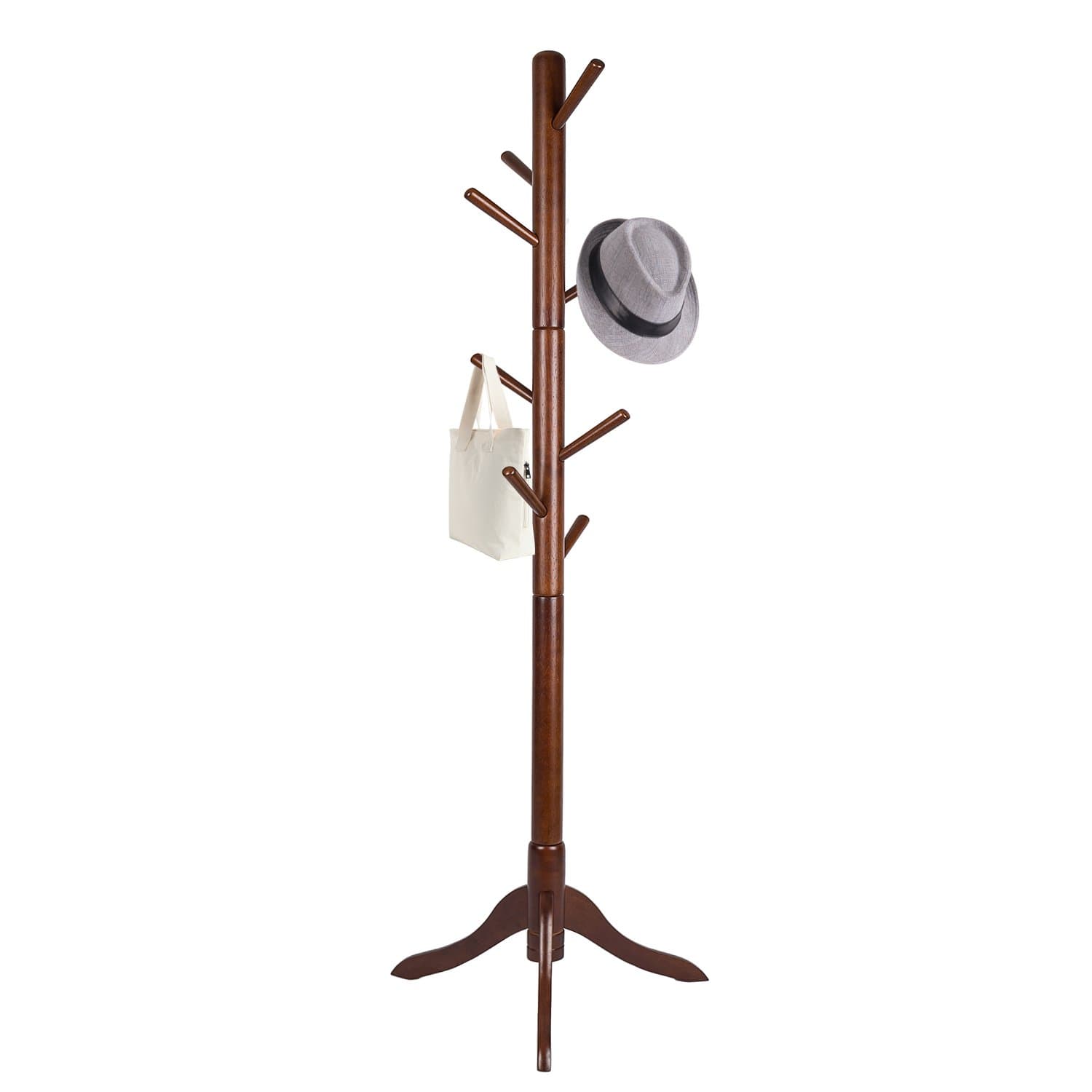 Free Standing Coat Rack, 8 Hooks Wooden Coat Hat Tree Coat Hanger Holder Enterway Hall Tree with Solid Rubber Wood Base for Coat, Hat, Clothes, Scarves, Handbags, Umbrella-Coffee