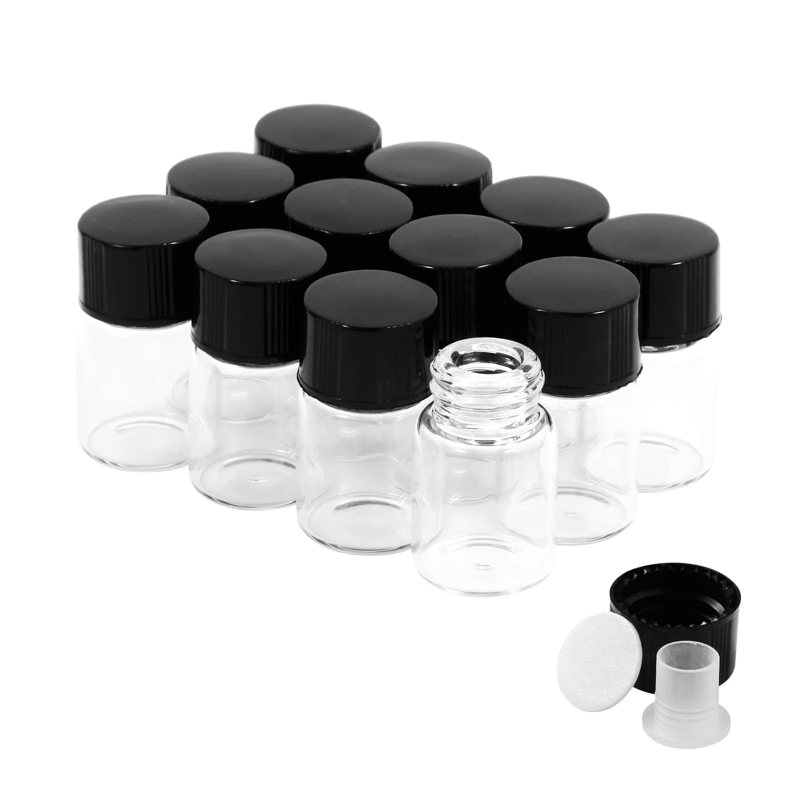 2ml Clear Glass Vials with Screw Caps and Plastic Stoppers, 1/2 Dram Small Liquid Sample Vial, Leak-Proof Vial, 12PCS