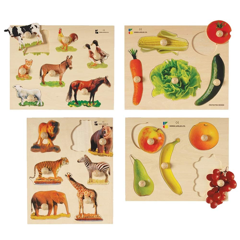 Constructive Playthings Toddler Puzzles, Includes Fruits, Vegetables and Animals Photo Puzzles, Preschool Toys, Knobbed, Wood, Multicolor (Set of 4), Great Gifts for 2-3 Years Old Toddler