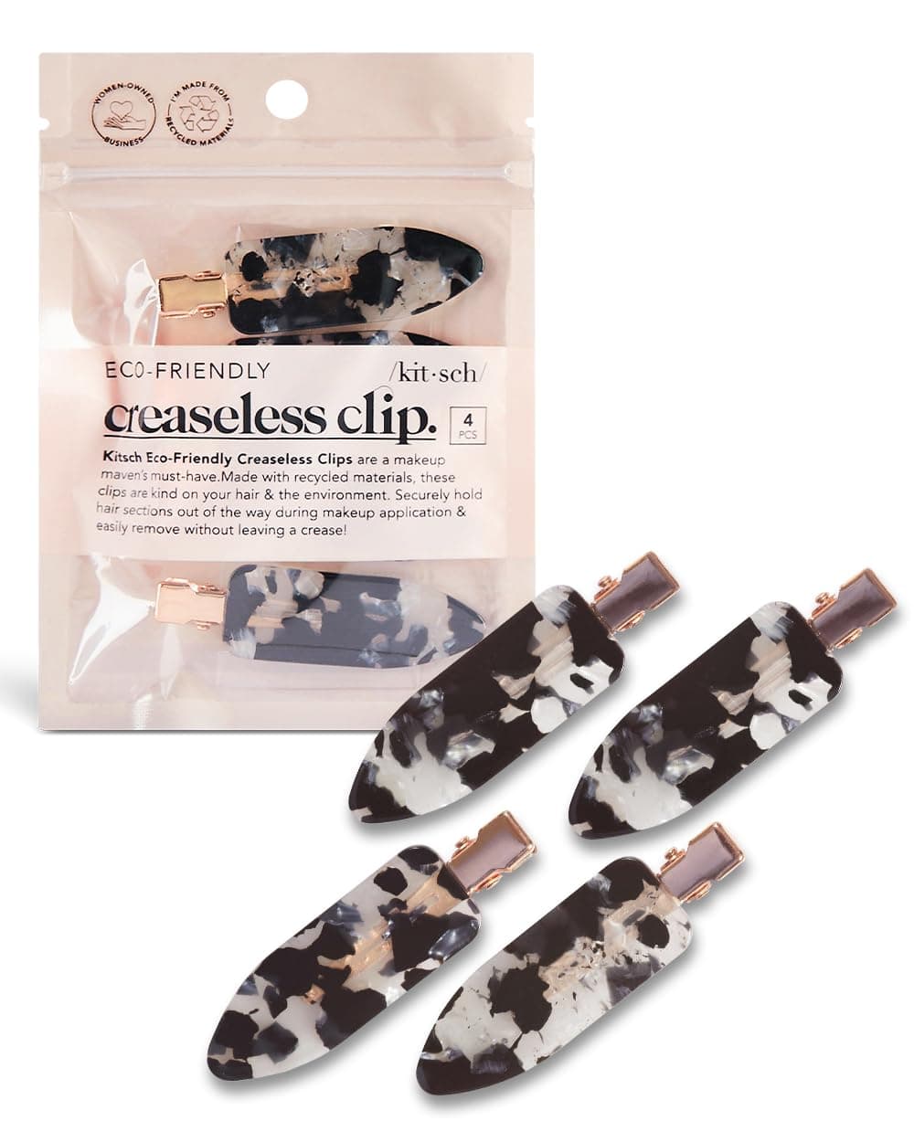 No Bend Hair Clips for Makeup Application and Styling - Creasless No Dent Hairdresser Salon Barettes for Waves Bangs or Curls - 4 Pack (Black Terrazzo)