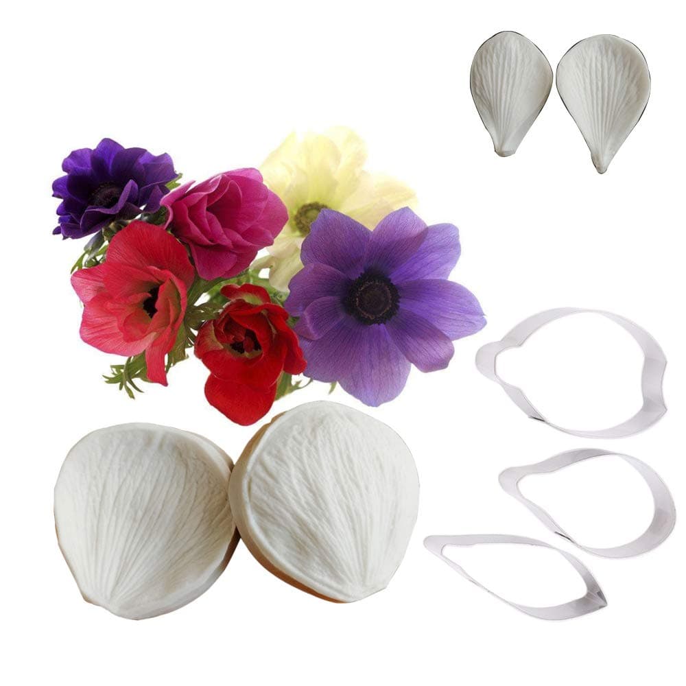 Flower Cookie Cutter & Silicone Mold Set - 4 Pieces Silicone Mold + 3 Pcs Stainless Steel Cutter - Food Grade, Non-Stick, Durable, Reusable, Bakeware, Cake Decorating Tool