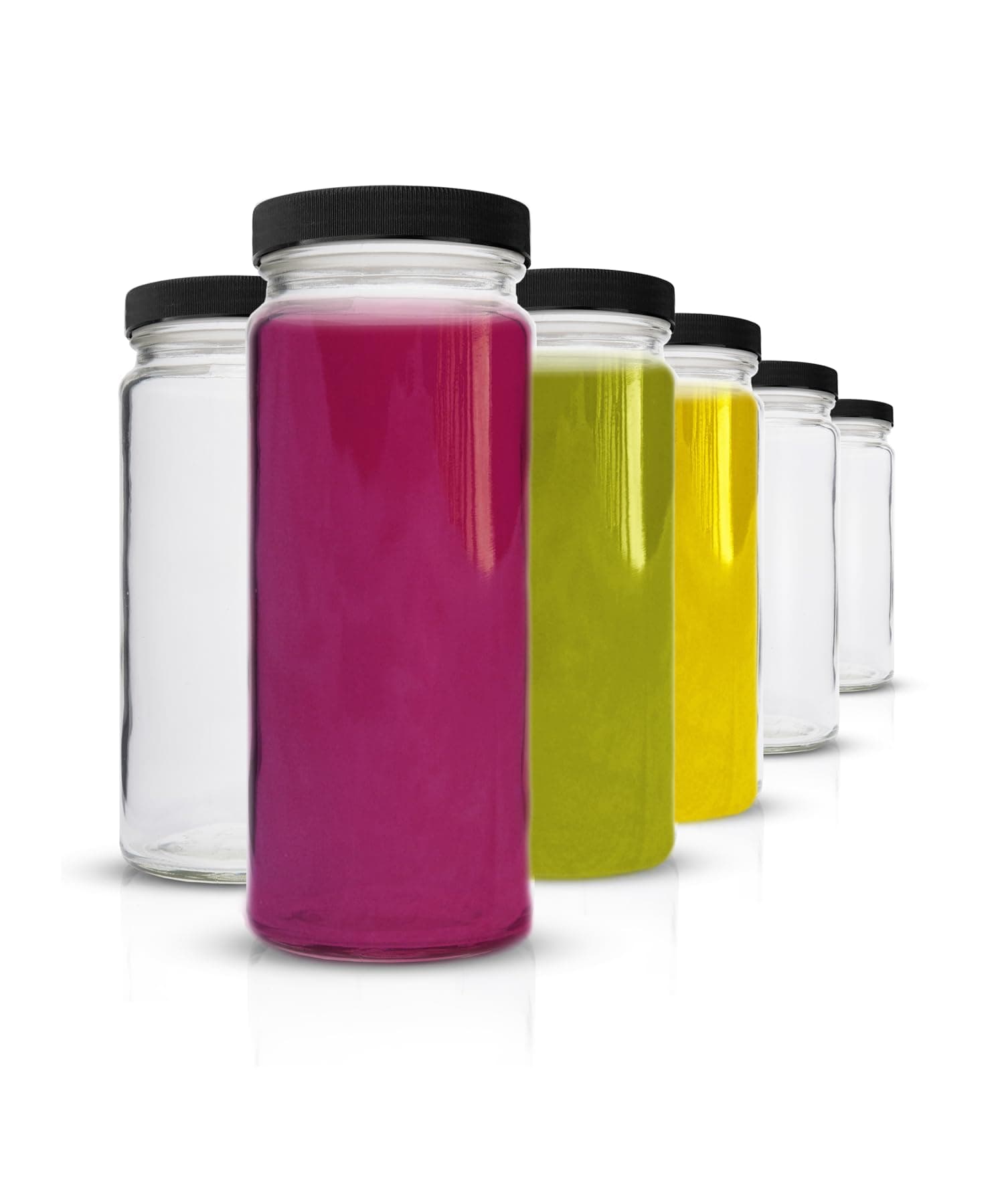 All About Juicing Clear Glass Water Bottles Set - 6 Pack Wide Mouth with Lids for Juice, Smoothies, Beverage Storage - 16 oz, Durable, Reusable, Dishwasher Safe, Leak Proof (Black Caps)