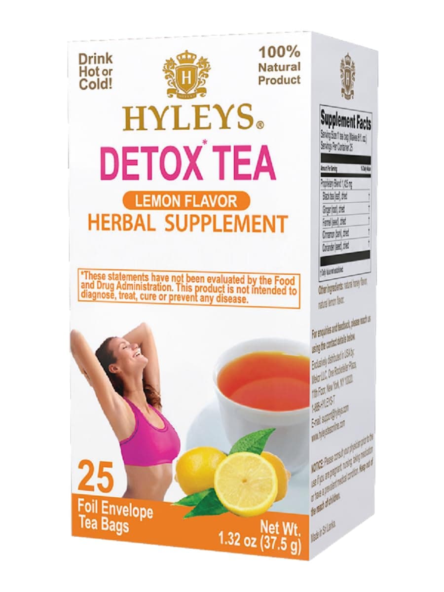 Hyleys Detox Tea for Cleanse - Black Tea with Lemon, Ginger, Honey Flavor - Supports Digestion & Bloating Relief - 25 Tea Bags (1 Pack)