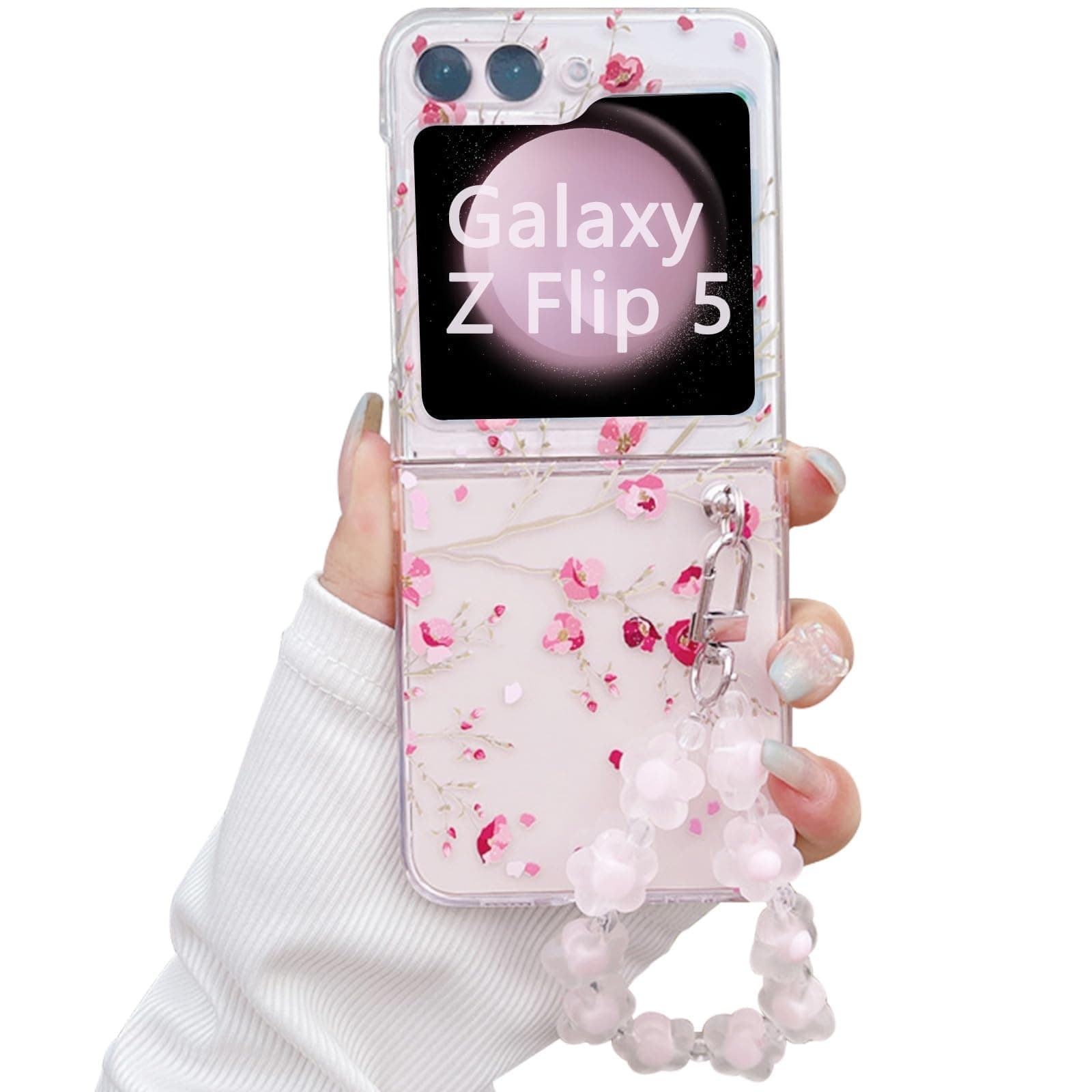 For Galaxy Z Flip 5 Case with Strap, Z Flip 5 Flower Phone Case, Hard PC Samsung Z Flip 5 Case Supports Wireless Charging Case for Samsung Galaxy Z Flip 5 5g (Peach blossom bracelet)