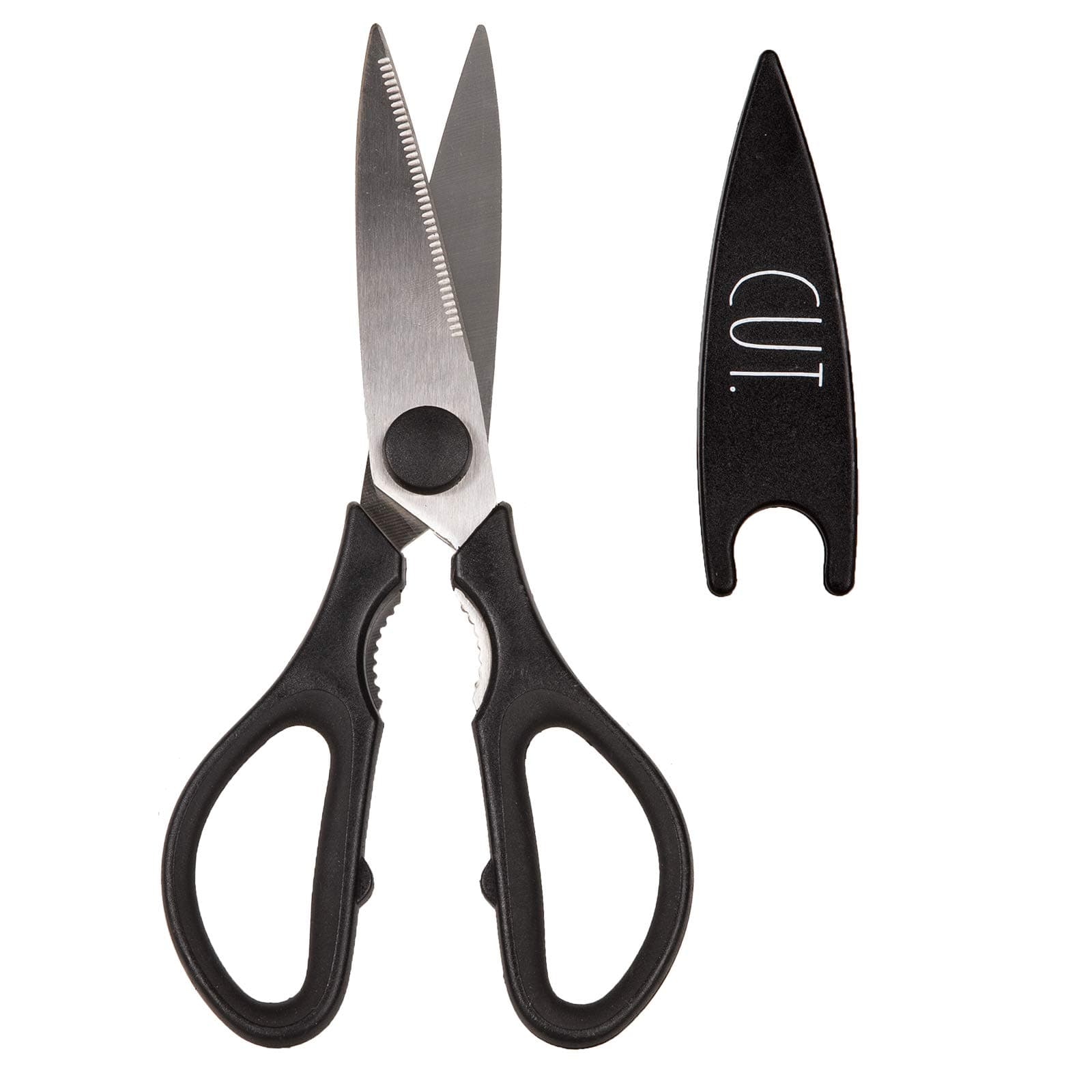 Rae Dunn Kitchen Scissors - Stainless Steel Kitchen Scissors with Meat, Chicken, Herbs and Knife Cover and Soft Handle (Black) Cooking Scissors for Cutting Blades (Black)