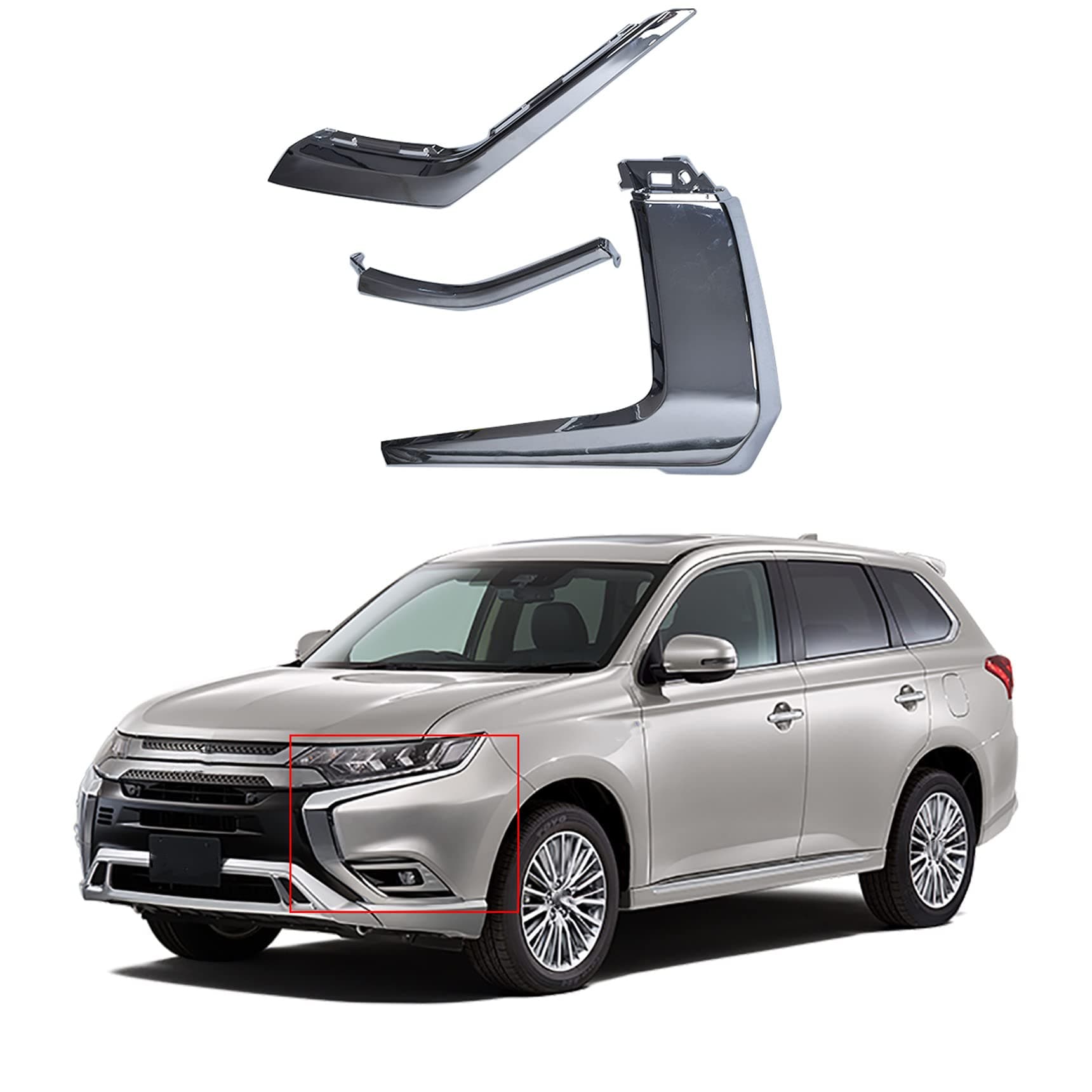 3-Piece Front Bumper LH Chrome Trim Set - Molding Strip Replacement for Outlander 2016-2019 (6407A141, 6407A145, 6407A143)