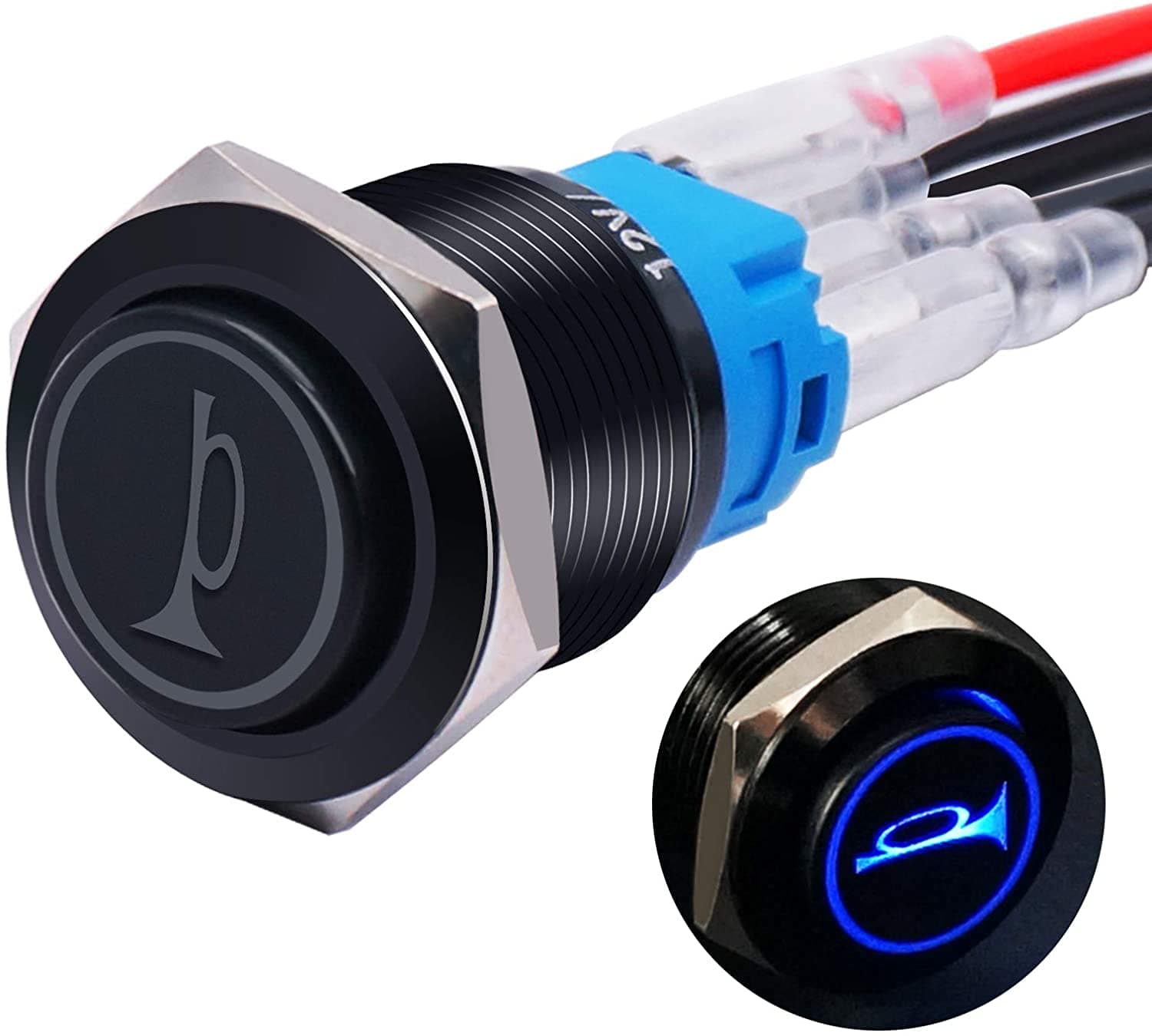 mxuteuk 16MM Raised Speaker Horn Momentary Push Button Switch 5/8" Mounting Hole 12V Blue Led Light Black Stainless Steel Shell 1NO1NC SPDT with Pre-wiring Wires Switch For Car Modification BKG16LB-BU