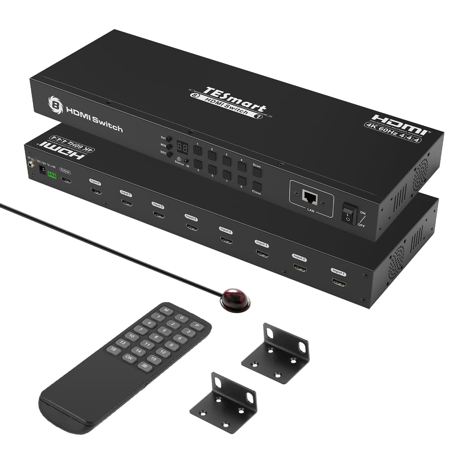8×1 HDMI Switch 8 in 1 Out 4K @ 60Hz HDCP with 19-inch Rack-Ears | RS-232 / LAN Control | IR Remote Control and Auto Switch | Auto Scan Time Interval - Black