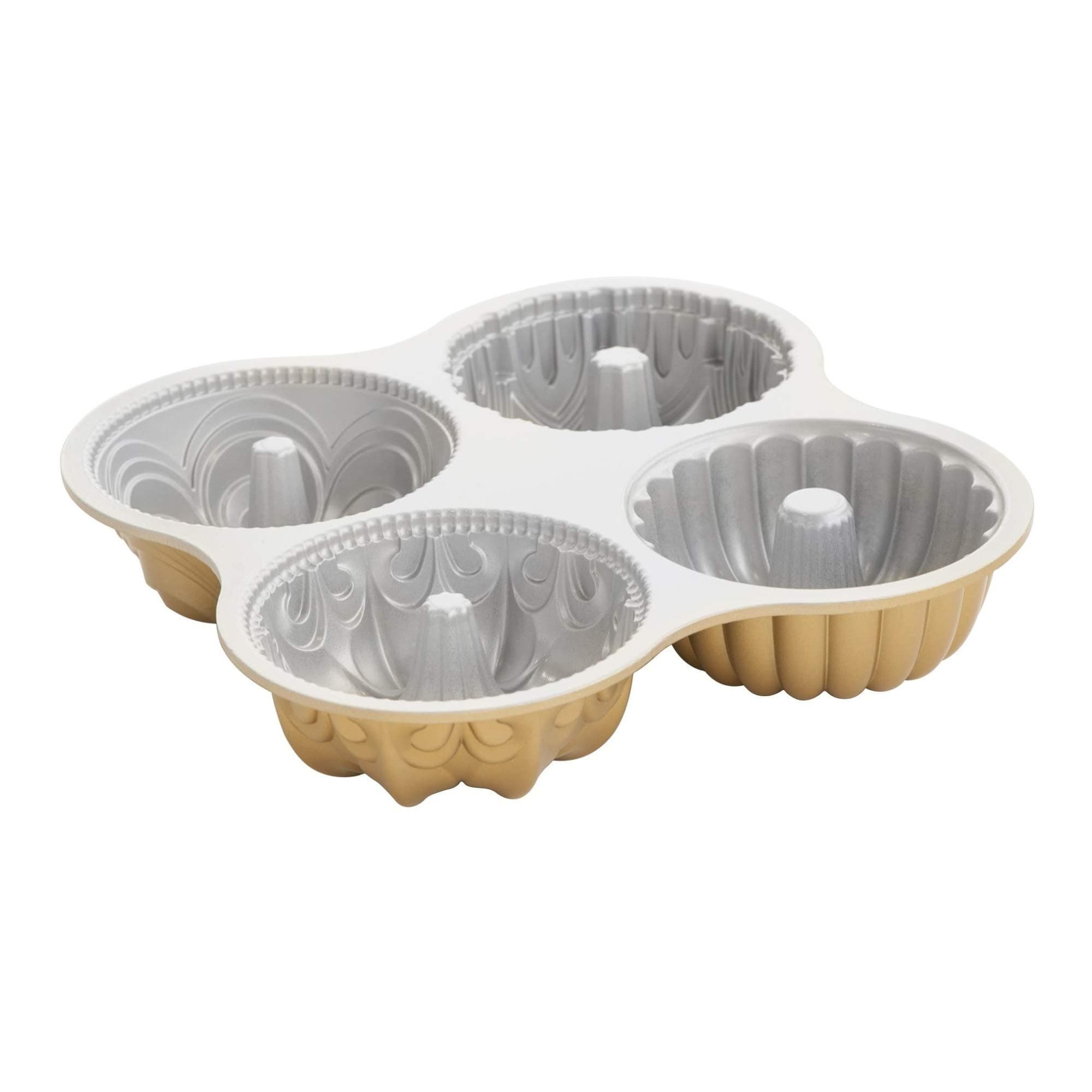 Nordic Ware Bundt Quartet 9-Cup Bundt Pan, Original Cast Aluminium Bundt Tin, Bundt Cake Tin with Multiple Designs, Cake Mould Made in the USA, Colour: Gold