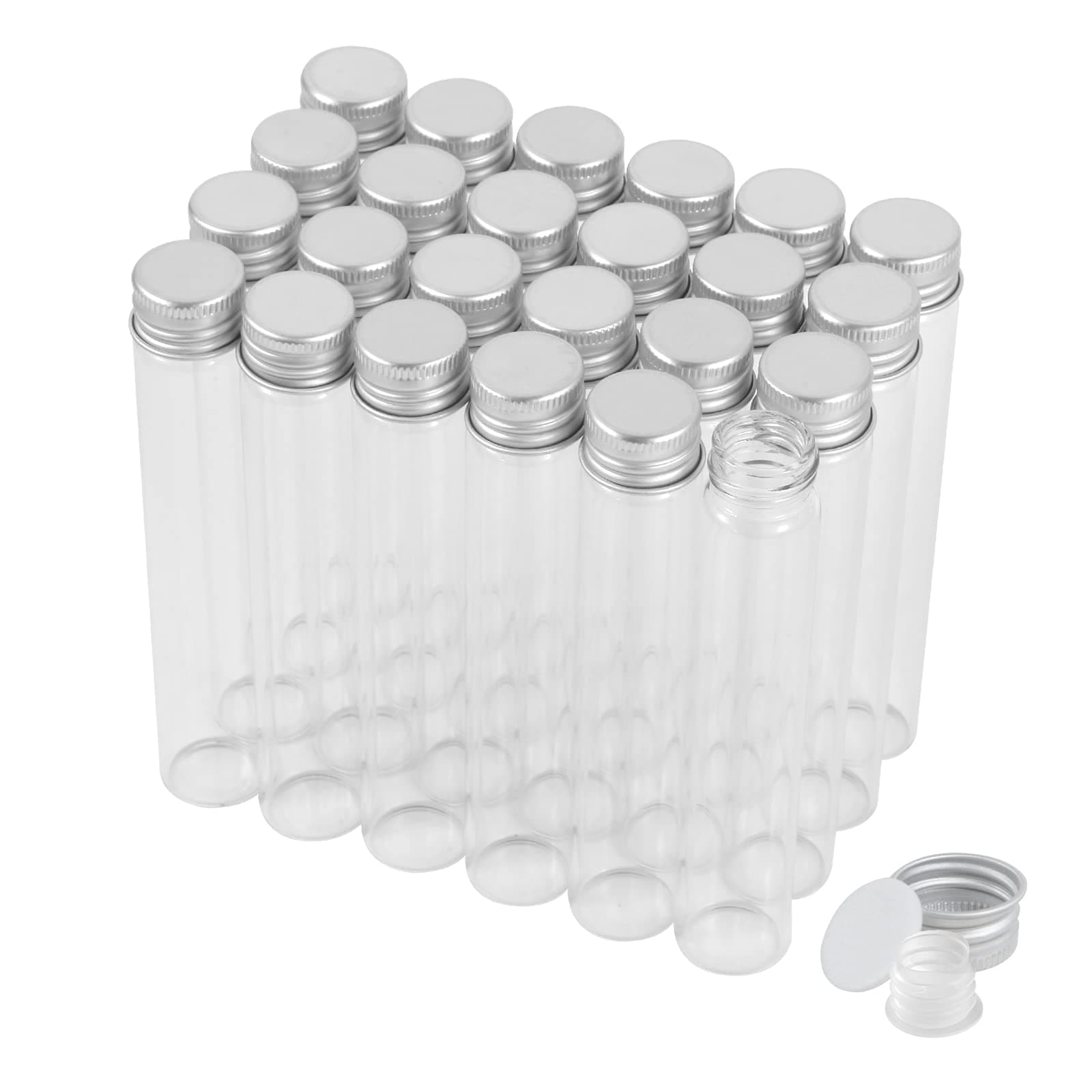 30ml Glass Clear Test Tubes with Screw Caps and Plastic Stoppers, Liquid Sample Vial, Leak-Proof Flat Test Tubes, 24PCS