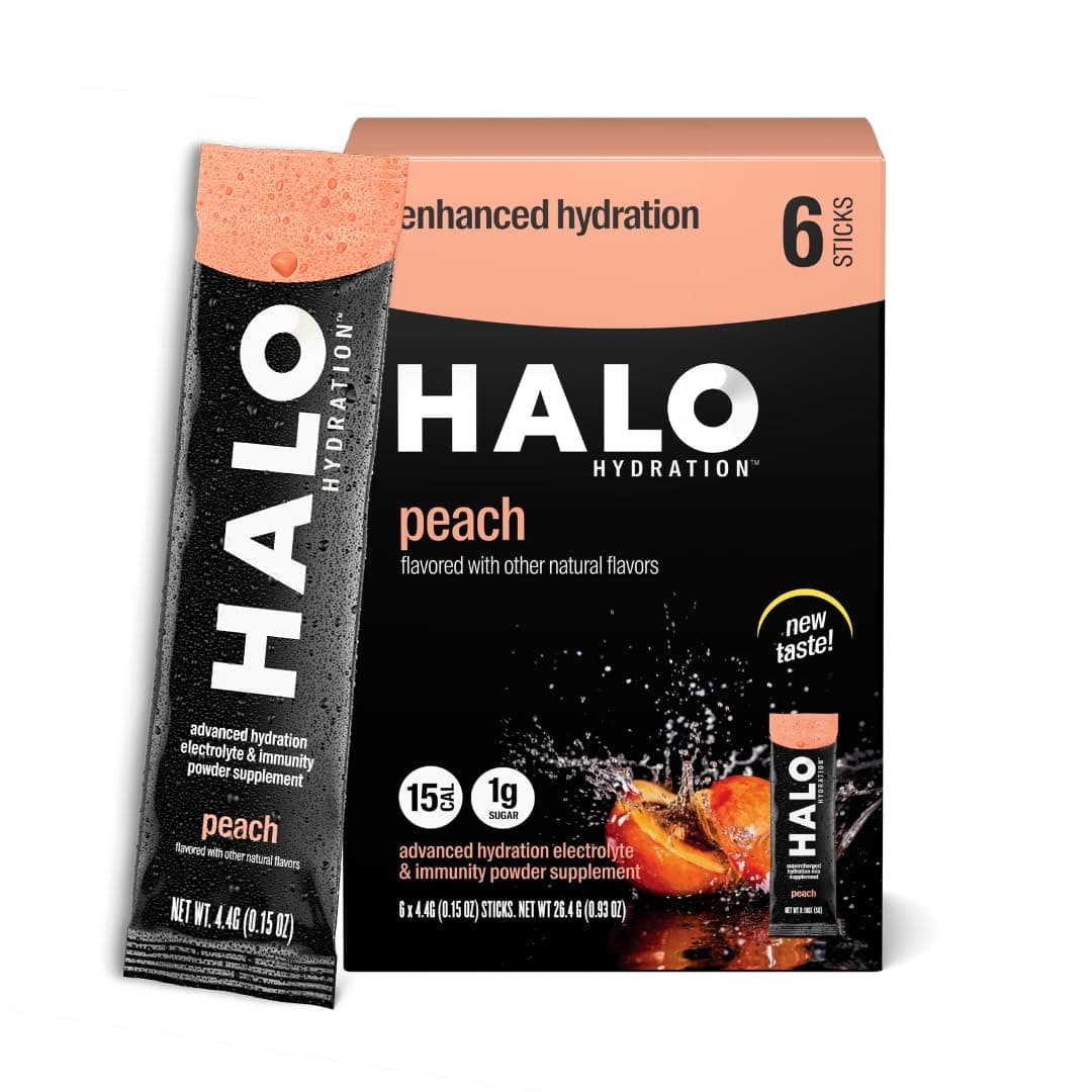 Halo Hydration Electrolyte Powder Packets – Peach - 6 Servings (5g Each) - Organic Hydration Drink with Low Sugar + Essential Vitamins + Minerals - Vegan