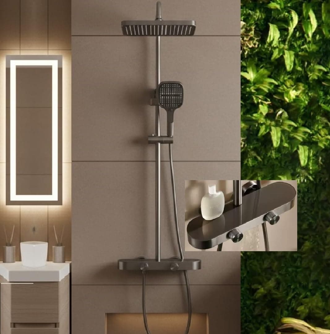 X-xonier® Luxury thermostat Shower set System 4in1 shower panel with large Overhead Rainfall (Panel Gray)