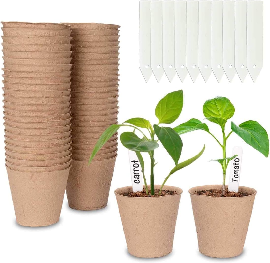 Cymax 50 Pack 8cm Round Fibre Pot Seed Seedling Pot with 50pcs Plastic Plant Lables, Biodegradable Herb Plant,Flower,Seed Starter Pots Kits, Garden