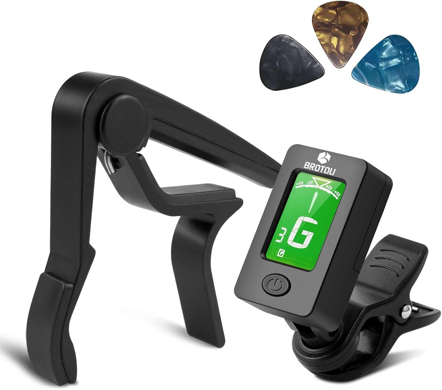 BROTOU Guitar Tuner and Guitar Capo Set, Quick-Change Capo, Clip-On Tuner, Digital Electronic Tuner, LCD Display Tuner for Acoustic Guitar, Bass, Violin Ukulele, Electric Guitar with 3 Free Picks