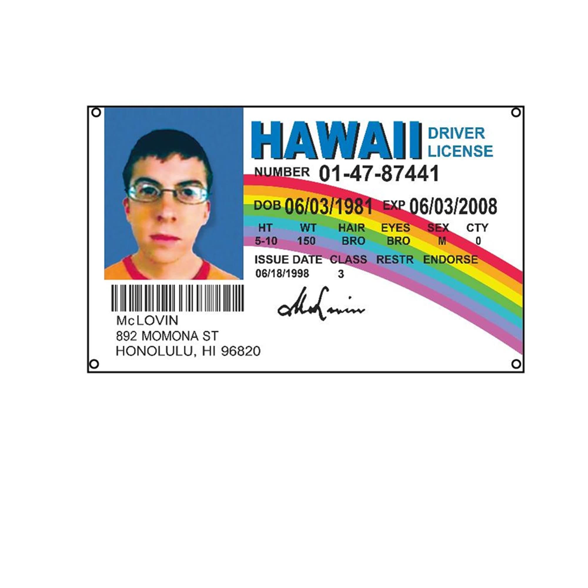 Stormflag McLovin HAWALL Driver License Flag - Personalized Funny 3x5FT Flag With ID Card - 90x150cm Pongee Polyester 90g With Four Brass Grommets and Double Stitched