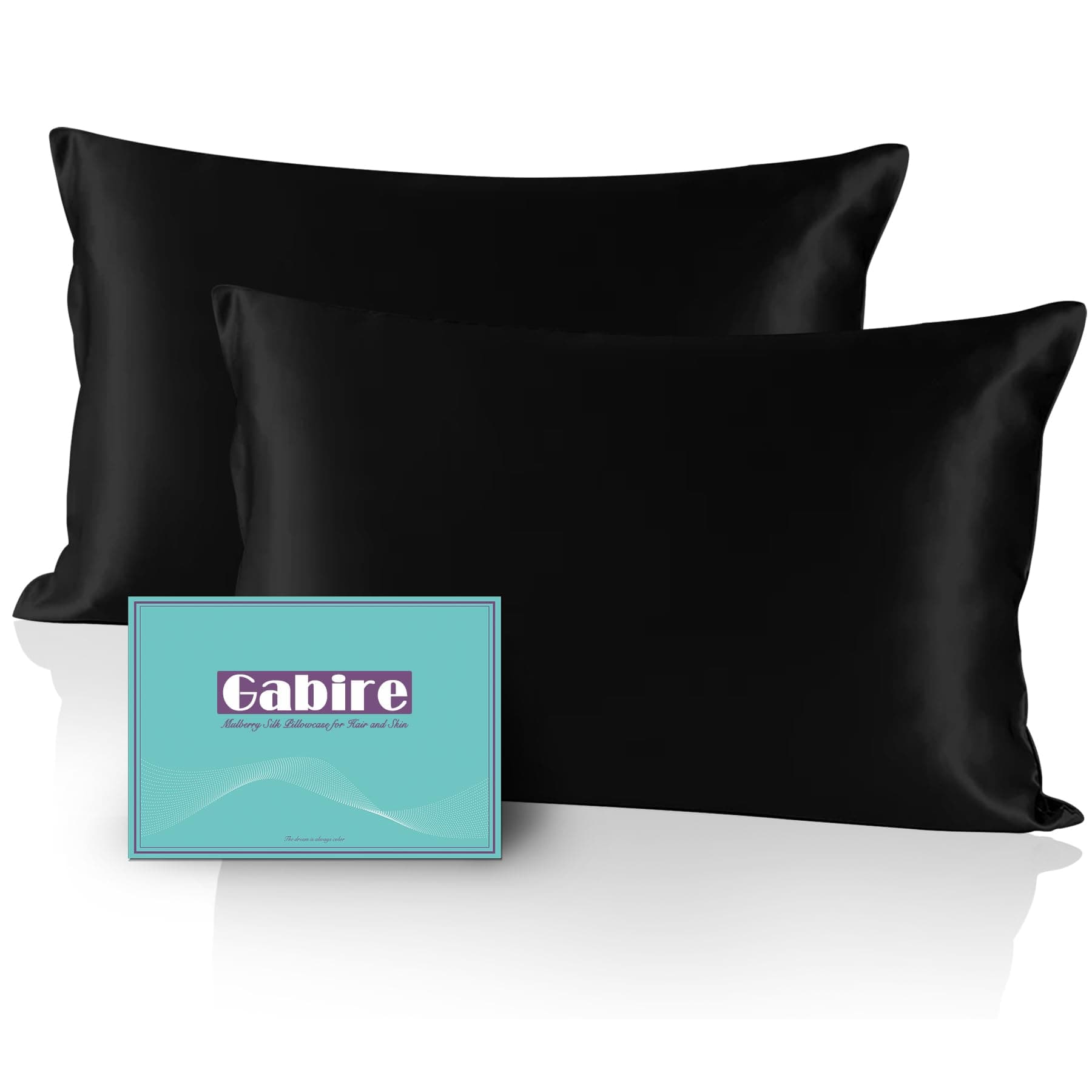 Gabire Mulberry Silk Pillow Cases Set of 2, Both Sides Real Silk Pillowcase for Hair and Skin Prevent Acne Pillowcase Organic Silk Pillowcase 2 Pack with Hidden Zipper, Black, Standard (20"×26")