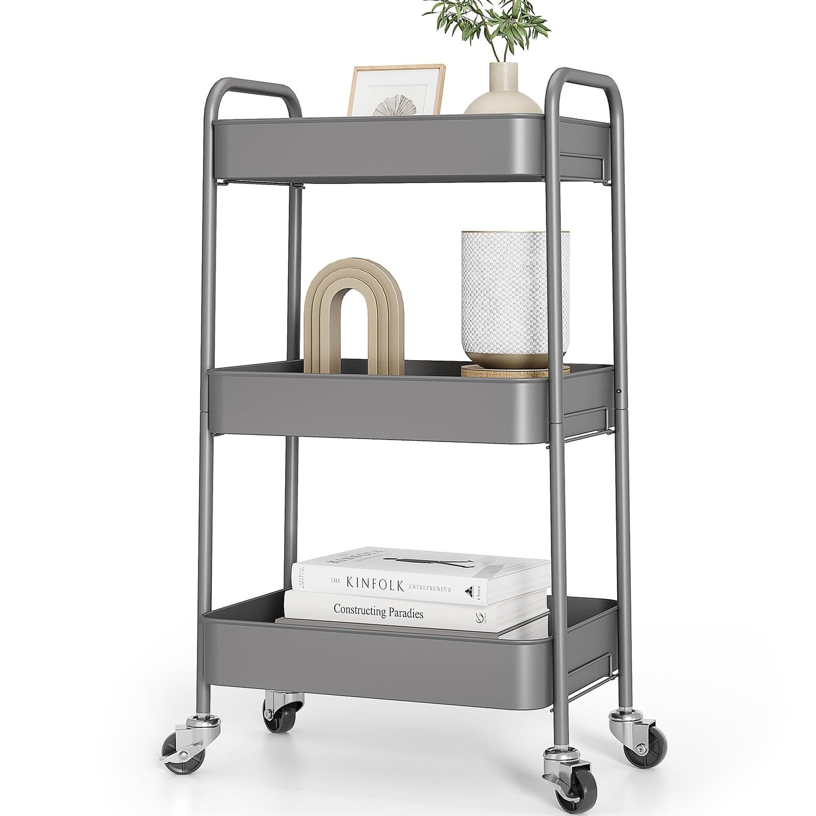 3-Tier Rolling Cart - Metal Utility Storage Organizer with Lockable Wheels, 33 lbs Per Shelf, Tool-Free 5-Min Assembly, for Kitchen Bathroom Office Nursery Craft Room, Grey