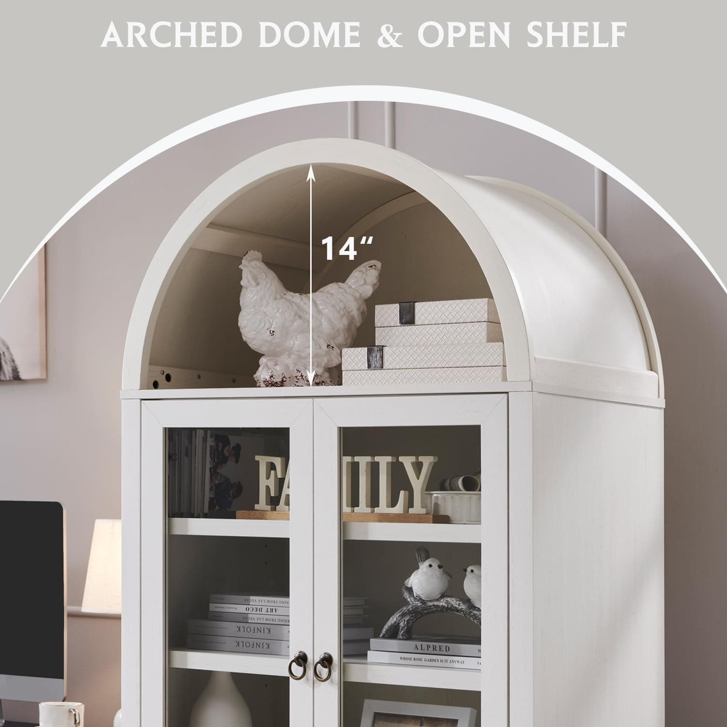 71” Tall Arched Bookshelf, Modern Farmhouse Bookcase w/ Open & Adjustable Shelf, Wooden Display Cabinet with Large Hidden Drawer and Glass Doors, Versatile Bookshelf for Living Room, Bedroom, White