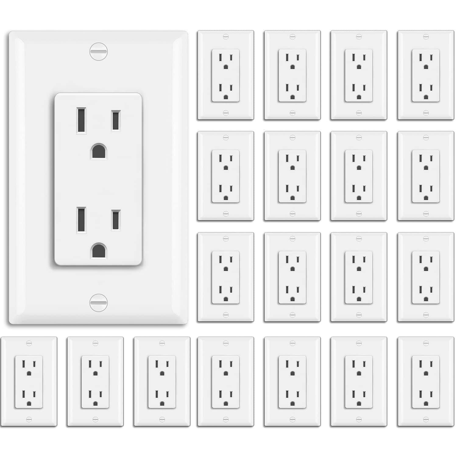 20 Pack 15 Amp Decorator Wall Receptacle Outlet, Non-Tamper-Resistant, Wallplate Included, 15A/125V/1875W, UL Listed, White