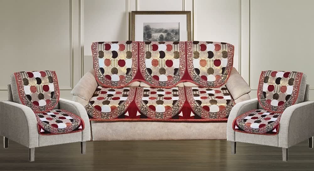Griiham Sofa Cover Set for 5 Seater Sofa - (3+1+1) 3 Seater & 2 Seater Fully Covered, 10pcs Geometric Polka Design Slipcovers AT10 (Multi Colour)