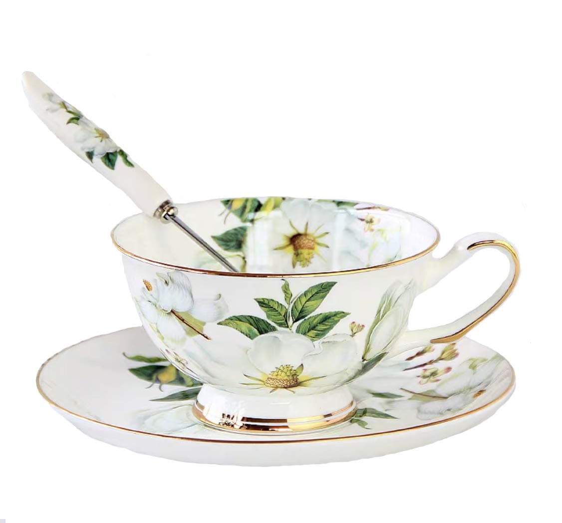 Gift Set Vintage Fine Bone China Tea Cup Spoon and Saucer Set Gold Trim Fine Dining and Table Décor (White Camellia)